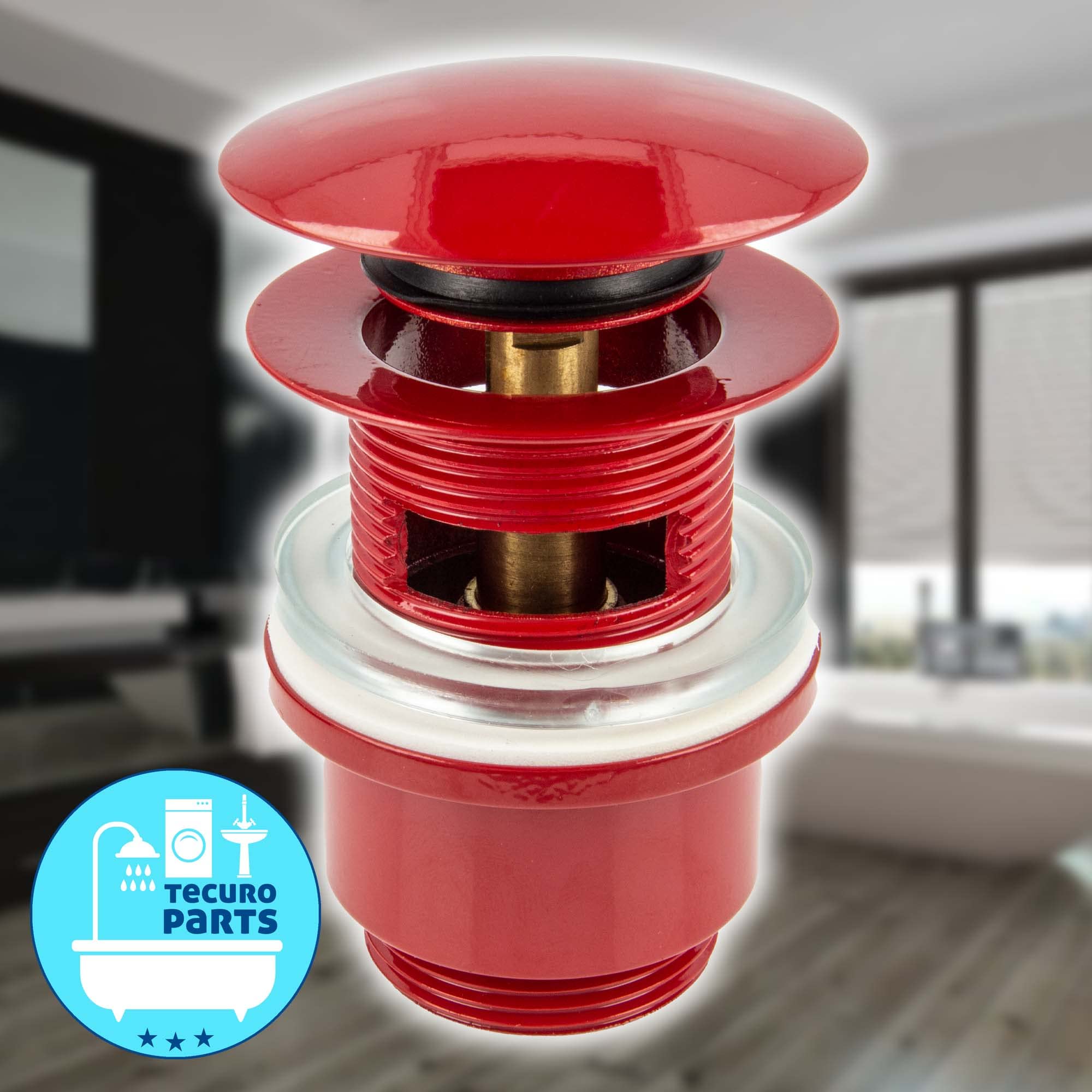 tecuro Pop Up Ablaufgarnitur rot RAL 3003, 1 1/4 Zoll - für Waschbecken mit Überlauf