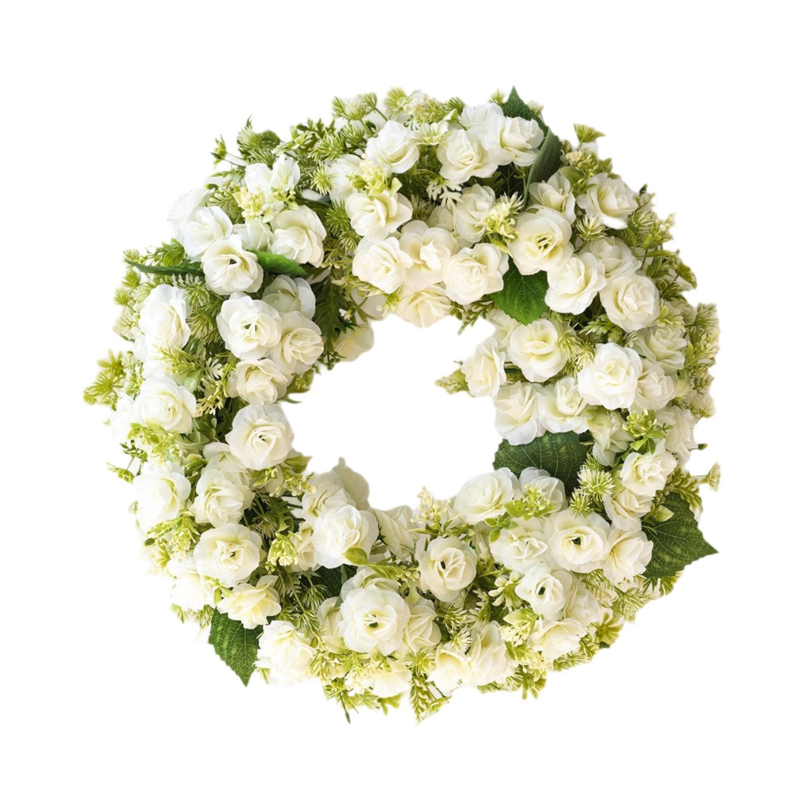 Couronne printanière fleurs artificielles blanches de 45cm pour décoration murale