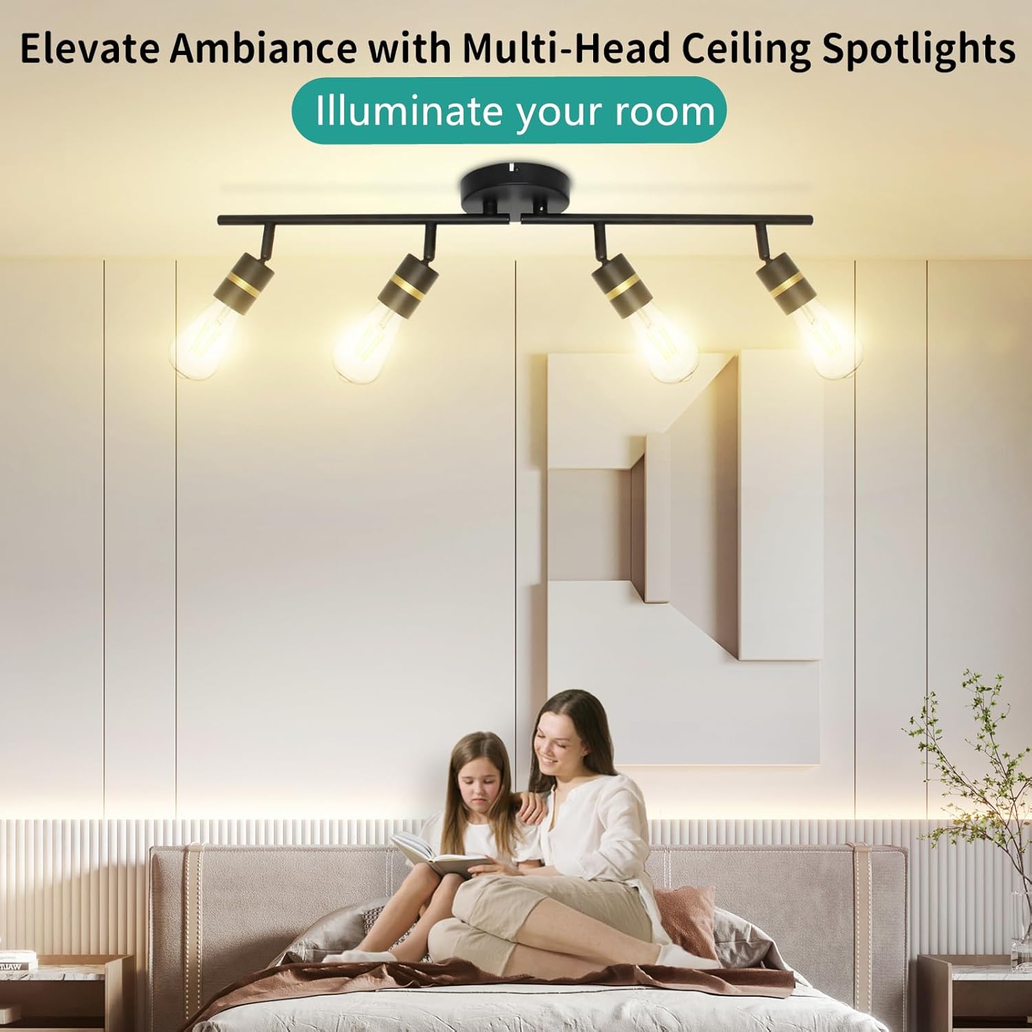 HiBay 4-Light Track Lighting, Rotatable LED Ceiling Spot Light Fixture, Modern Black Gold Spotlight Indoor for Kitchen Dining Room Bedroom, E26 Base, Bulbs Not Included