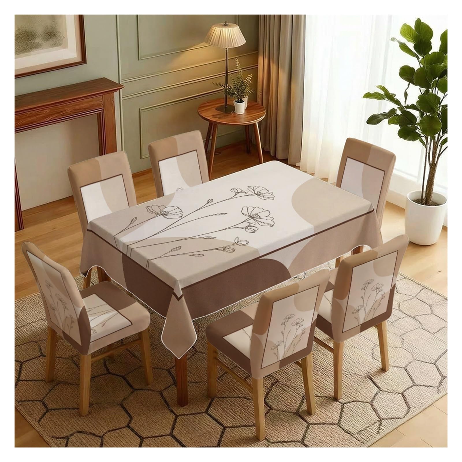 KXUAUV Minimalist Botanical Dining Set Covers, 5/7 Piece Tablecloth With Matching Chair Slipcovers In Neutral Geometric Design Party Decor(7pcs Set: Tablecloth+Chair Covers)