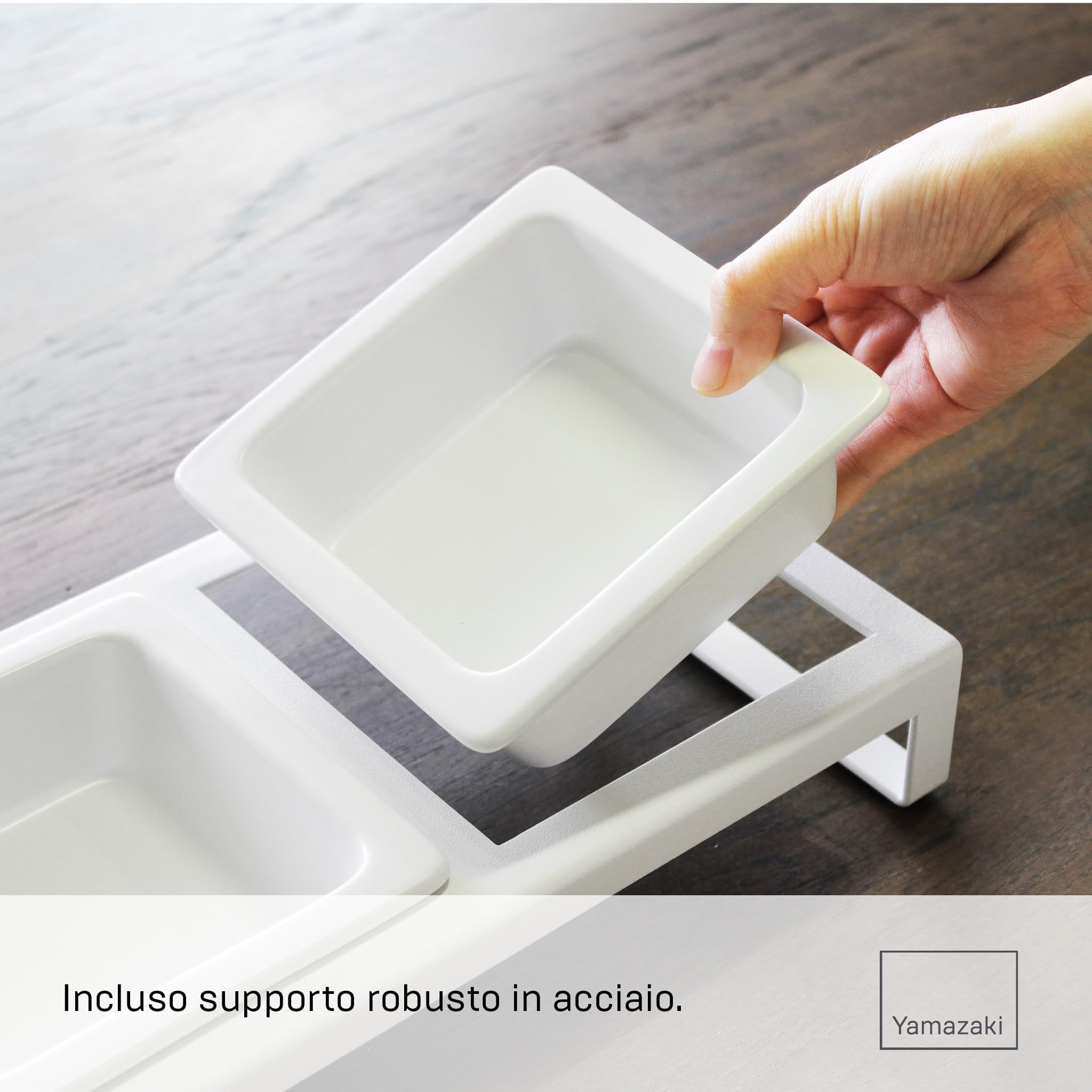 Yamazaki 4744 TOWER Set di supporti per ciotole per alimenti per animali domestici, bianco, Acciaio/Ceramica, minimalista, 29 x 15.5 x 10 cm