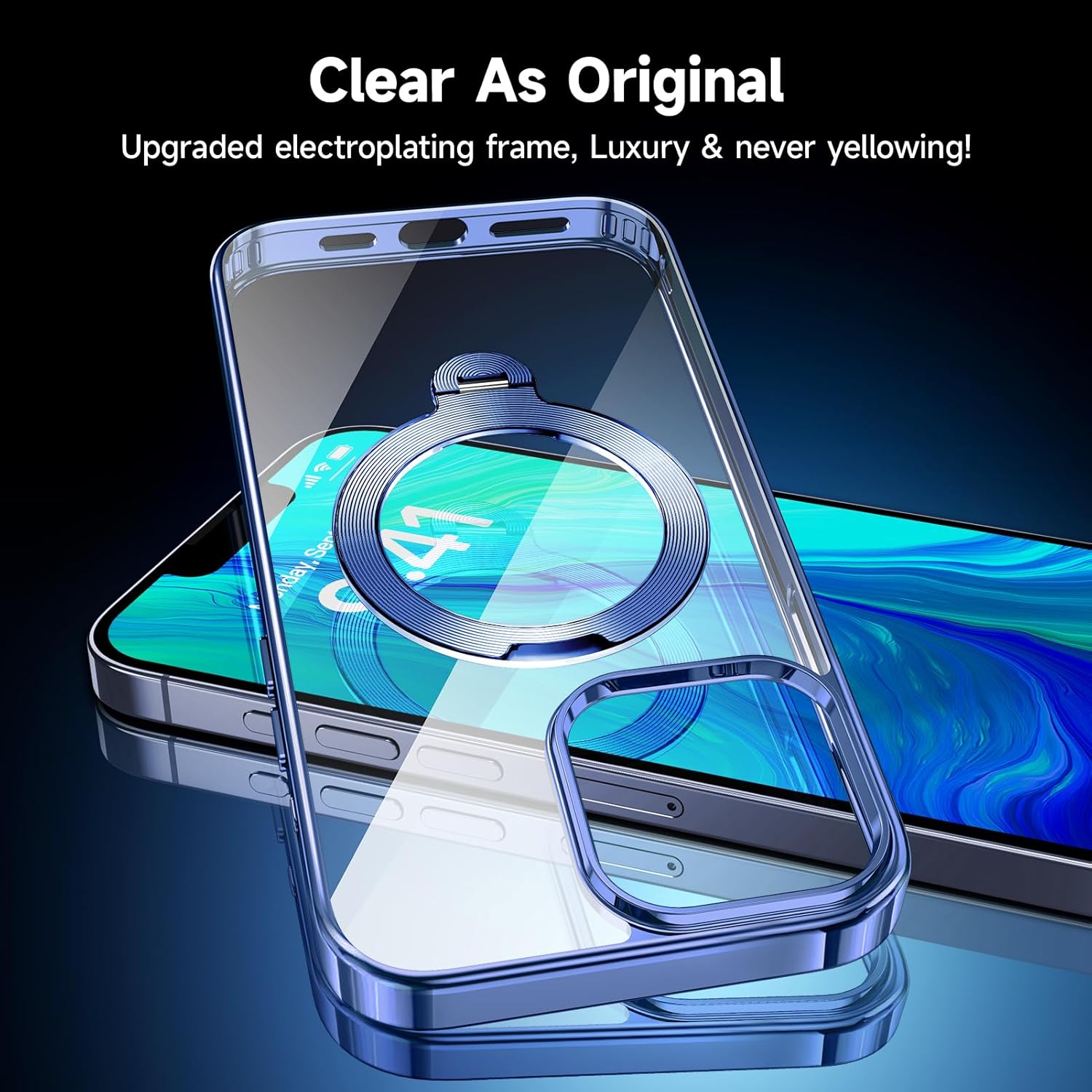 [Tri-Shield Protection] for iPhone 13 Pro Max Case with 360° Spin Stand Compatible with MagSafe [Magnetic CD Ring] [Screen & Camera Lens Protector] Shockproof Plating Never-Yellowing, Blue-6.7" - Image 4