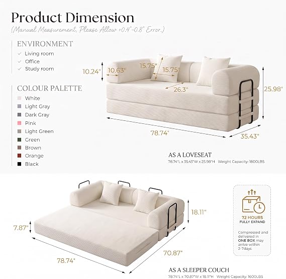 Convertible Sofa Bed Boneless Couch Folding Sofa