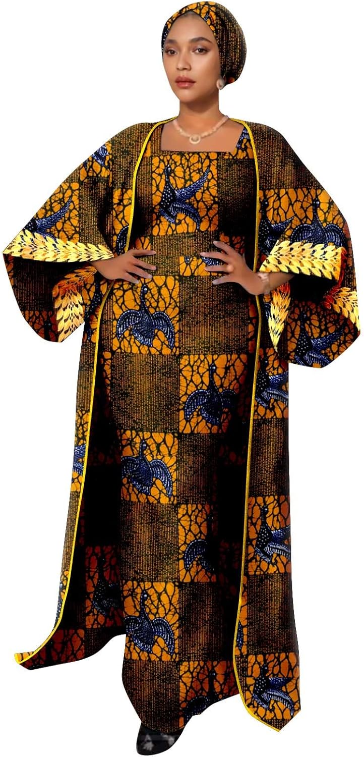 African Clothing for Women Female Dress Suit Set Long Coat and Sleeveless Dress with Headscarf for Lady