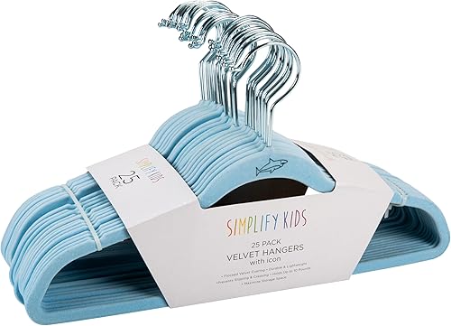 Simplify Paquete de 25 perchas de terciopelo para niños, delgadas, diseño antideslizante, ahorro de espacio, ropa para niños, camisas, pantalones,