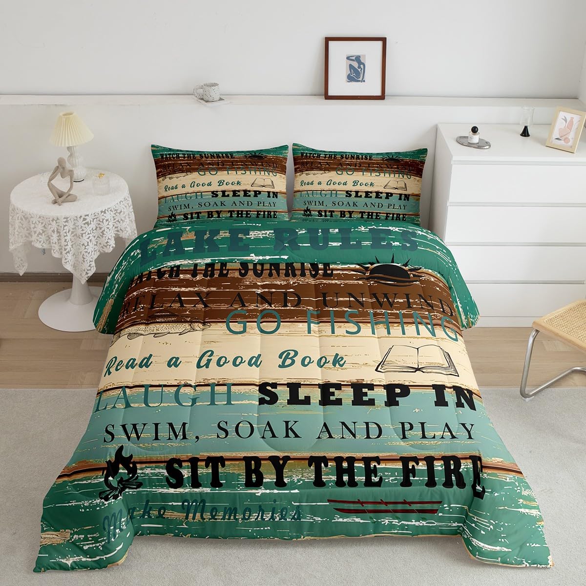 Lake Rules Full Comforter Set, Lake House Decor Duvet Insert Gift For Lake Lover, Rustic Farmhouse Wooden Bedding Set Cabin Room Decor, Vintage Barn