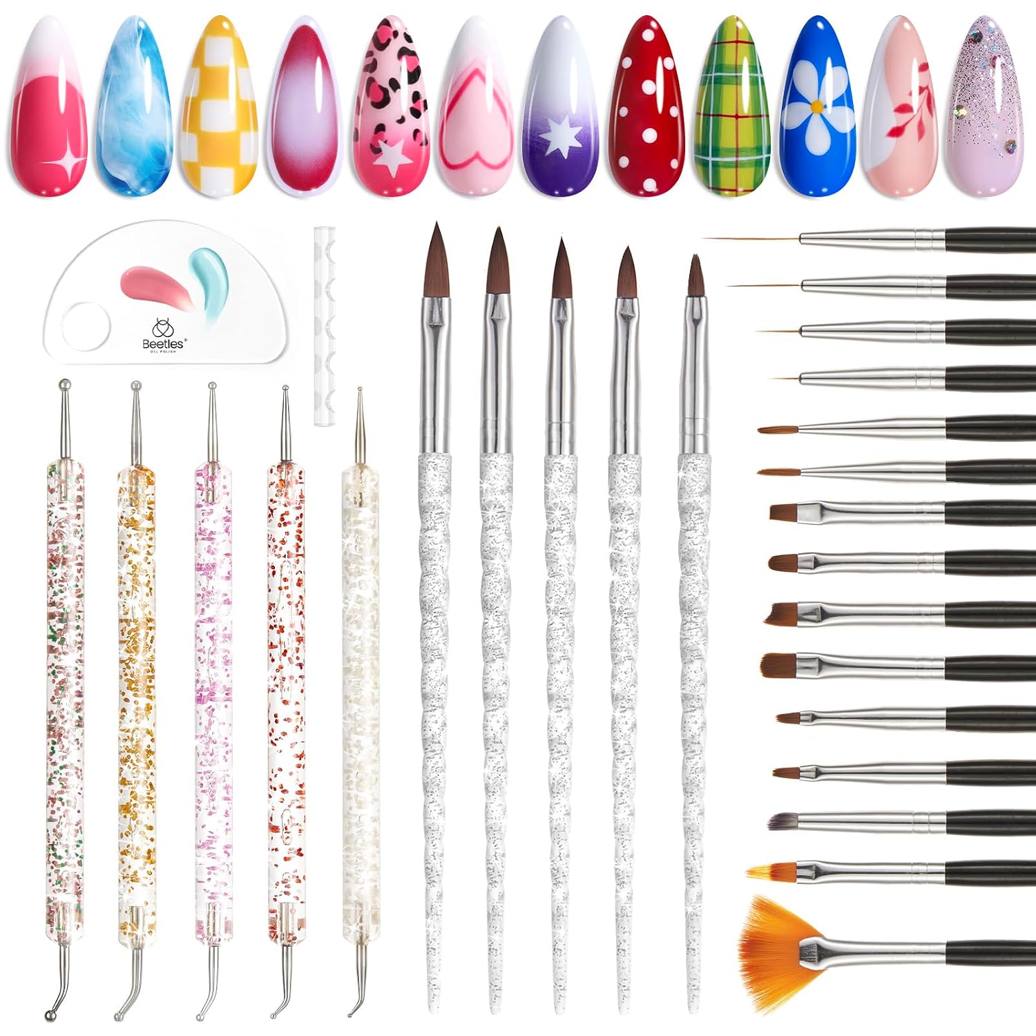 Beetles Nail Art Brushes, 25pcs Nail Art Pens Daul Ended Dotting Tools | Striping Liner Brushes for Nails Detail Drawing Nail Art Tools with Palette Brush Holder, DIY Home Manicure Design Set