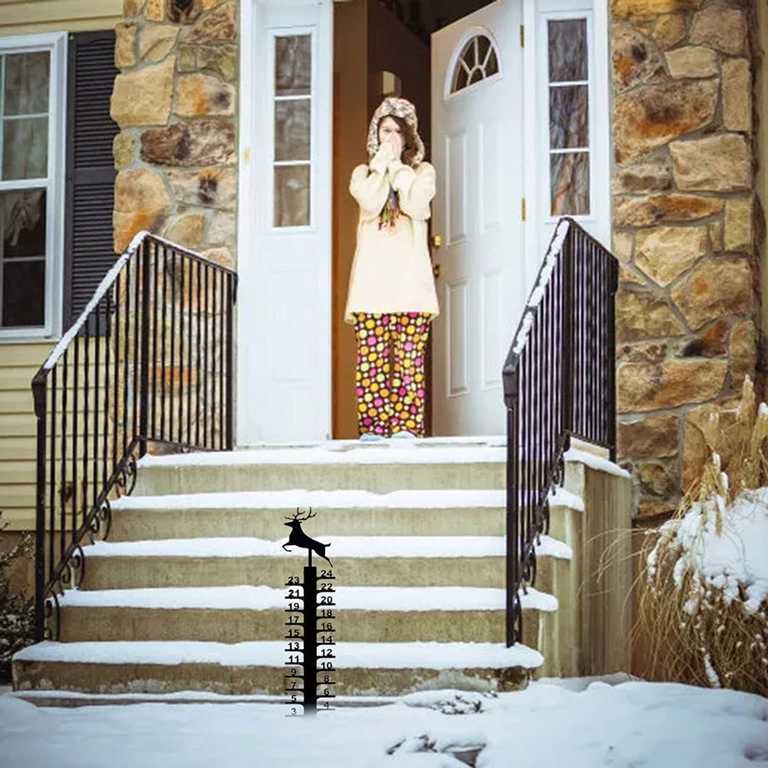 Snow Gauge, Iron Art Snow Gauge Outdoor 24 in Deer Snow Gauge, Handmade Metal Garden Snow Gauge Garden Pile (Reindeer)