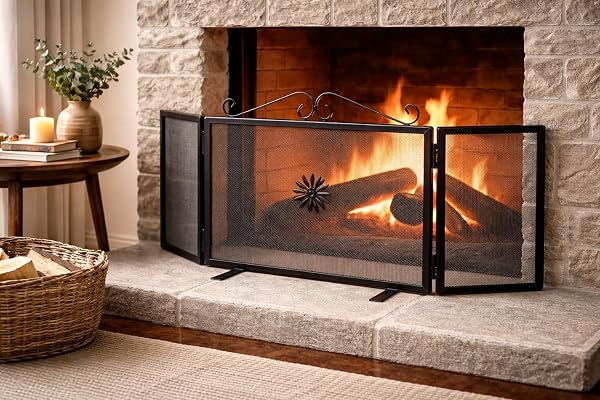Parascintille per Camino in Ferro Battuto, Nero, con 2 Ante Laterali, Stile Classico, Protezione Artigianale (58cm + (12cm x2 antine) 50cm h)) - 2