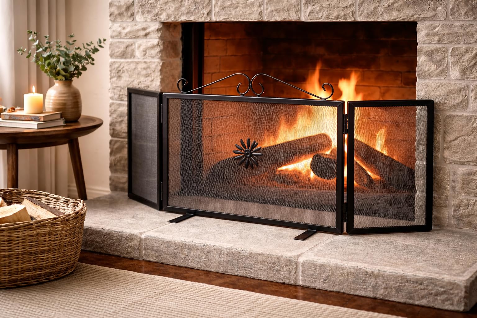 Parascintille per Camino in Ferro Battuto, Nero, con 2 Ante Laterali, Stile Classico, Protezione Artigianale (58cm + (12cm x2 antine) 50cm h))