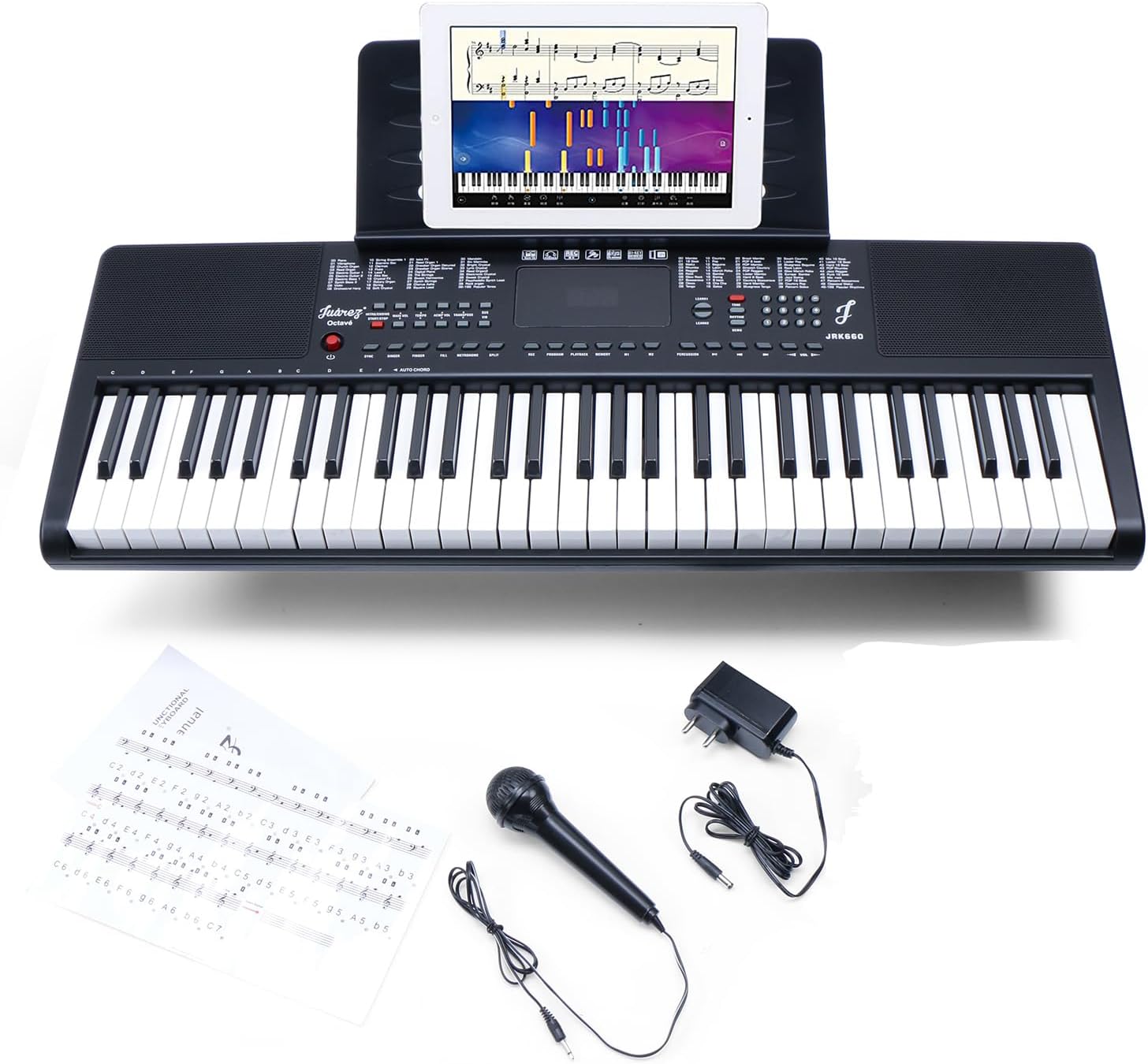 Juarez Octavé JRK660 61-Key Portable Keyboard for Beginners – 200 Rhythms, 200 Timbres, 40 Demo Songs, LED Display, USB Output, Teaching Mode, Mic, Adapter, Stickers, Sheet Stand