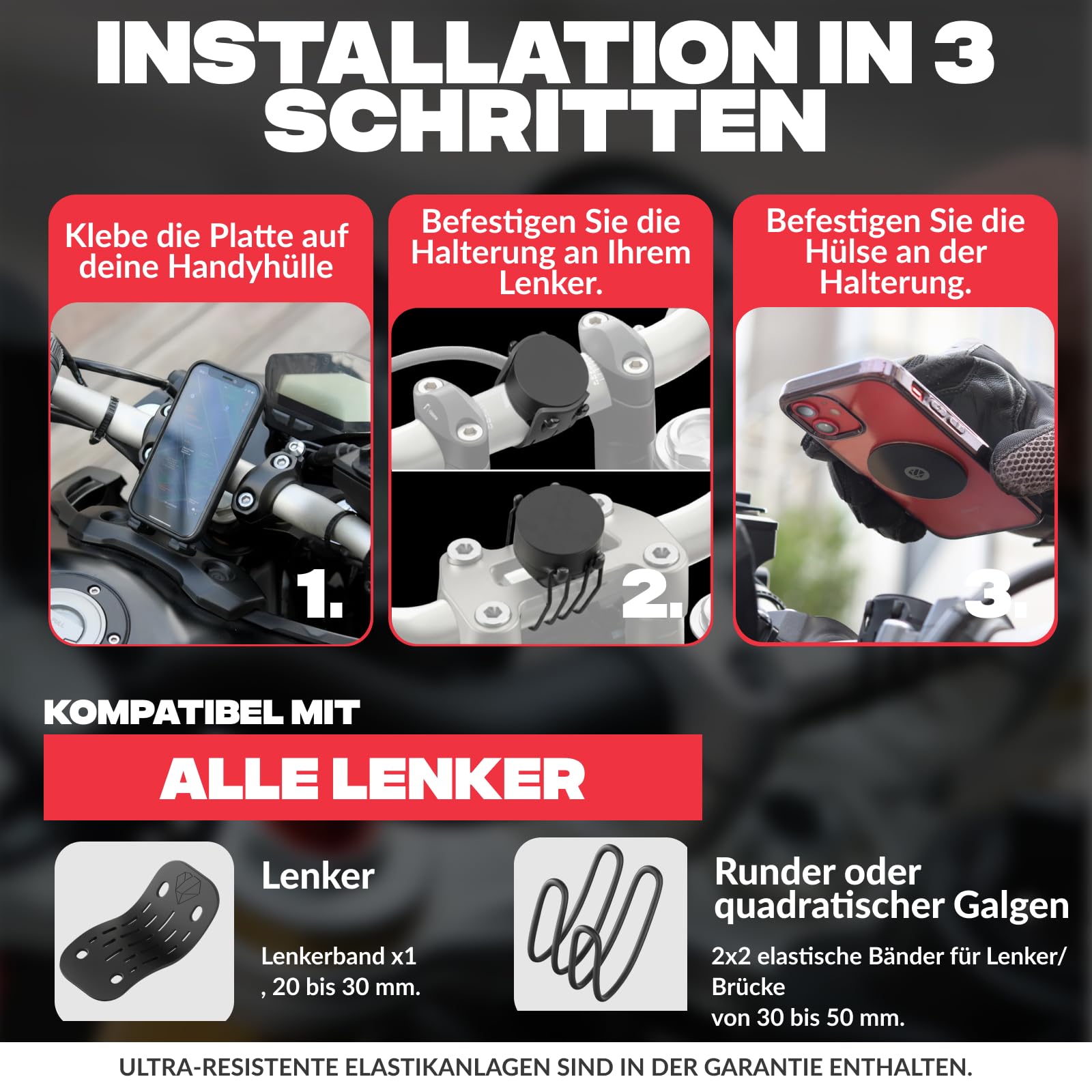 Shapeheart Magnetische Motorrad Handyhalterung - Einhandbedienung - Universal Lenkerhalterung Motorrad, Roller, E-Scooter - Inklusive Metallplatte - Sicherer Halt und Schnell Abnehmbar | Für glatte Handyhüllen | Lenker 20–50 mm | 1-Hand-Bedienung | Touchs