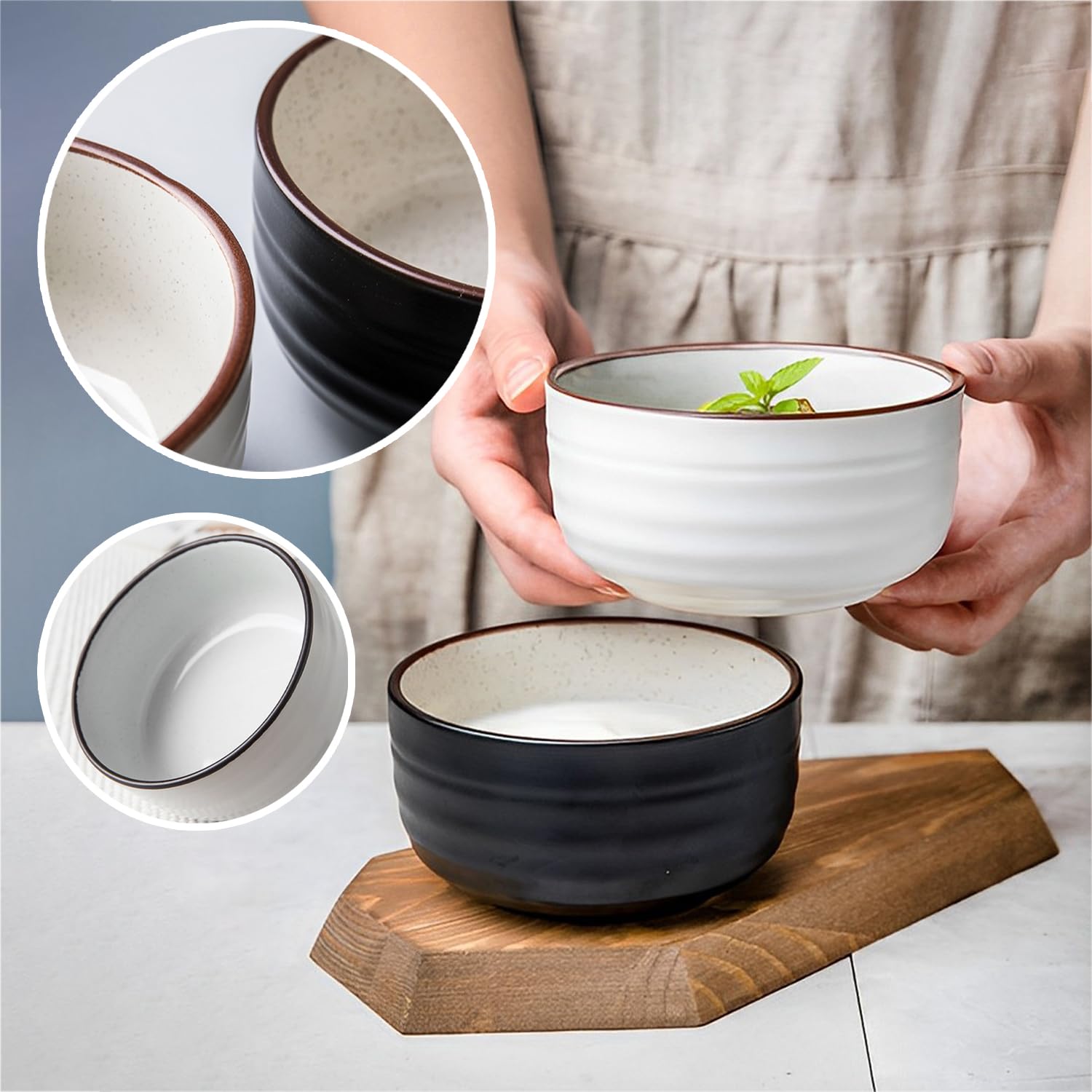 Große Müslischüssel-Set, Suppenschüsseln, mikrowellengeeignet, Reisschalen, Frühstücksschalen, Keramik-Müslischalen (Schwarz, 4 Stück)