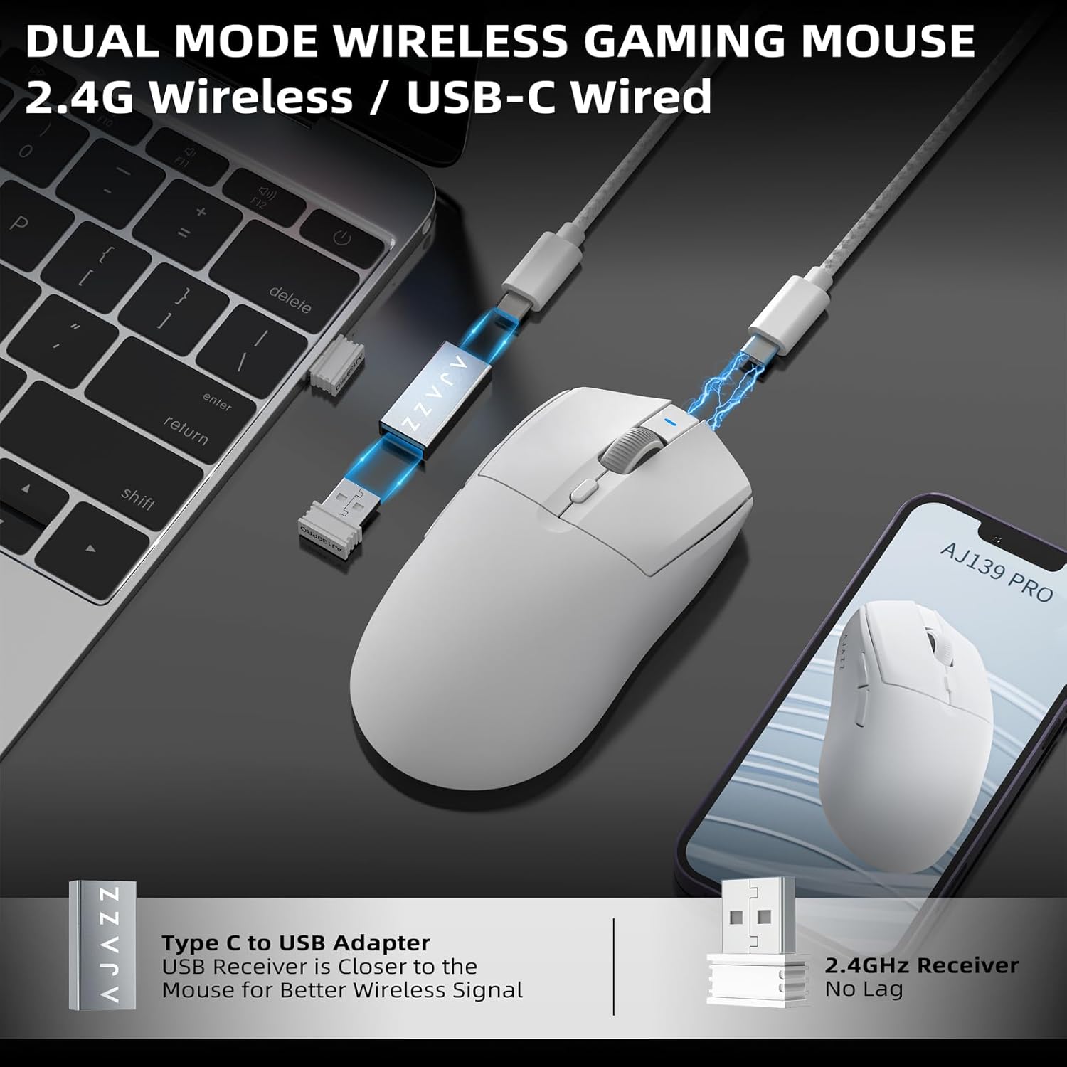 MANBASNAKE AJ139 PRO White Wireless Gaming Mouse,Ultra-Lightweight 59G,PAW3395 26K Sensor,26,000 DPI,6 Programmable Buttons,Long Battery Life,Compatible with PC/Mac,Esports & FPS Gaming