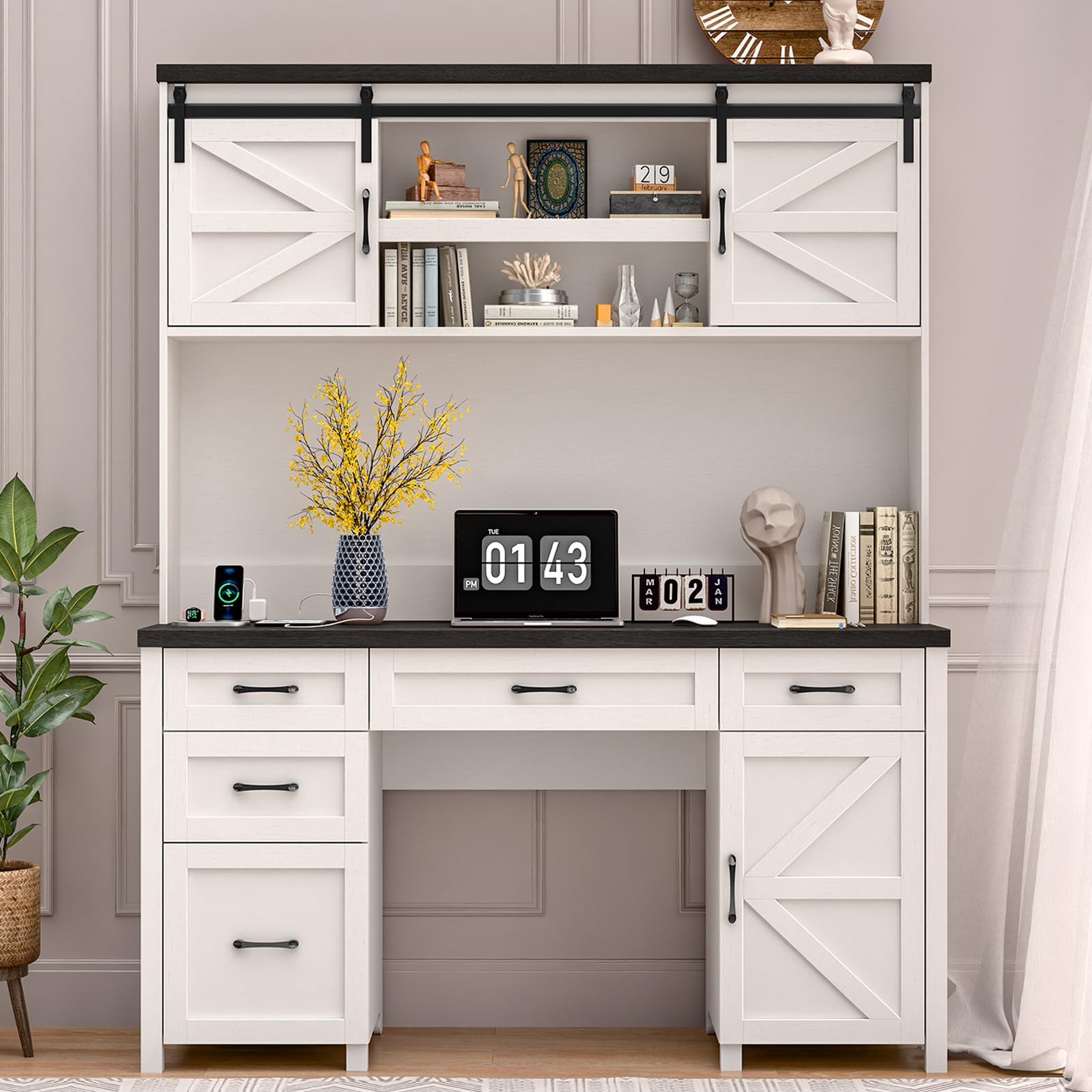 Farmhouse 67" H Executive Desk with Hutch,Office Desks with 5 Drawers, Computer Desk with Storage Cabinet & File Drawers and Charging Station, Wood