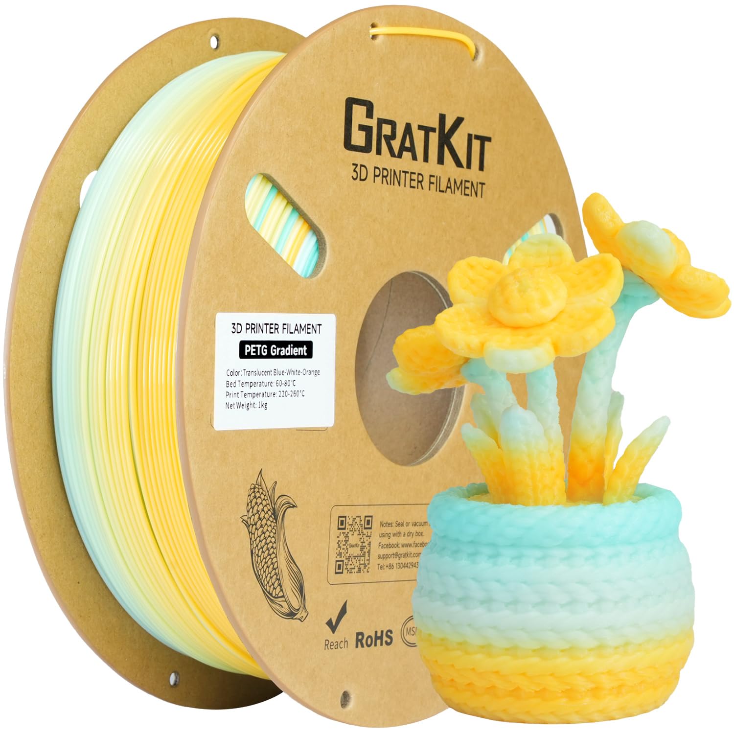 GratKit Gradient PETG Filament, 1.75mm, 1kg, Translucent Blue White Orange