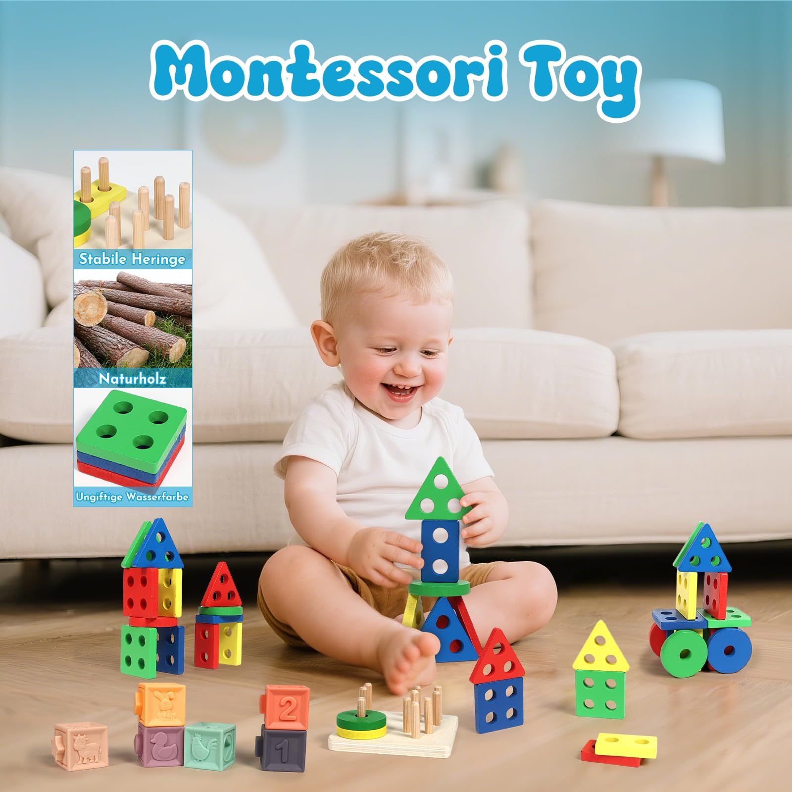 LearnToy Montessori Set Attività 7 in 1 per Bambini 18-36 Mesi - Giocattoli con Blocchi impilabili, Massaggiagengive e Gioco Sensoriale, Idea Regalo