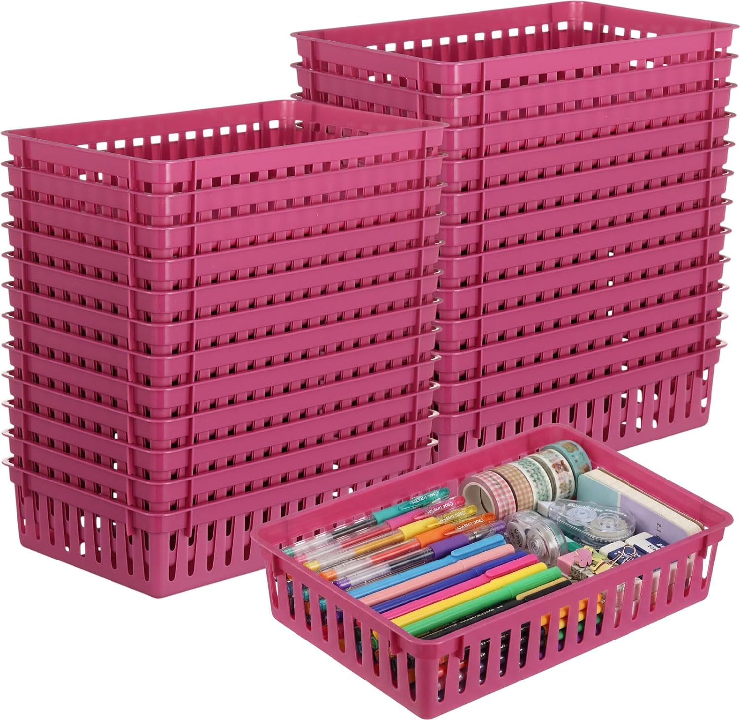 Wenqik 24 Pcs Plastic Storage Baskets for Classroom Organizing Small Pantry Storage Bins Rectangular Tray for School Household Toys Classroom Bedrooms, Kitchens Countertops(Deep Purple)