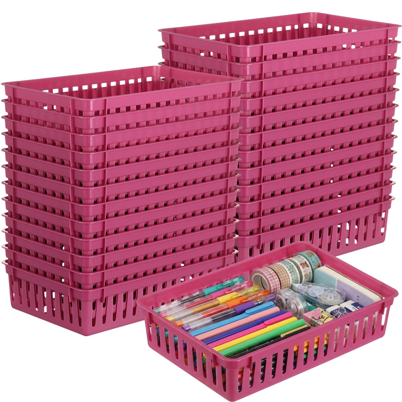 Wenqik 24 cestini portaoggetti in plastica per l'organizzazione di classi piccole dispense, vassoi rettangolari per scuola, giocattoli, aule, camere da letto, cucine (viola scuro)