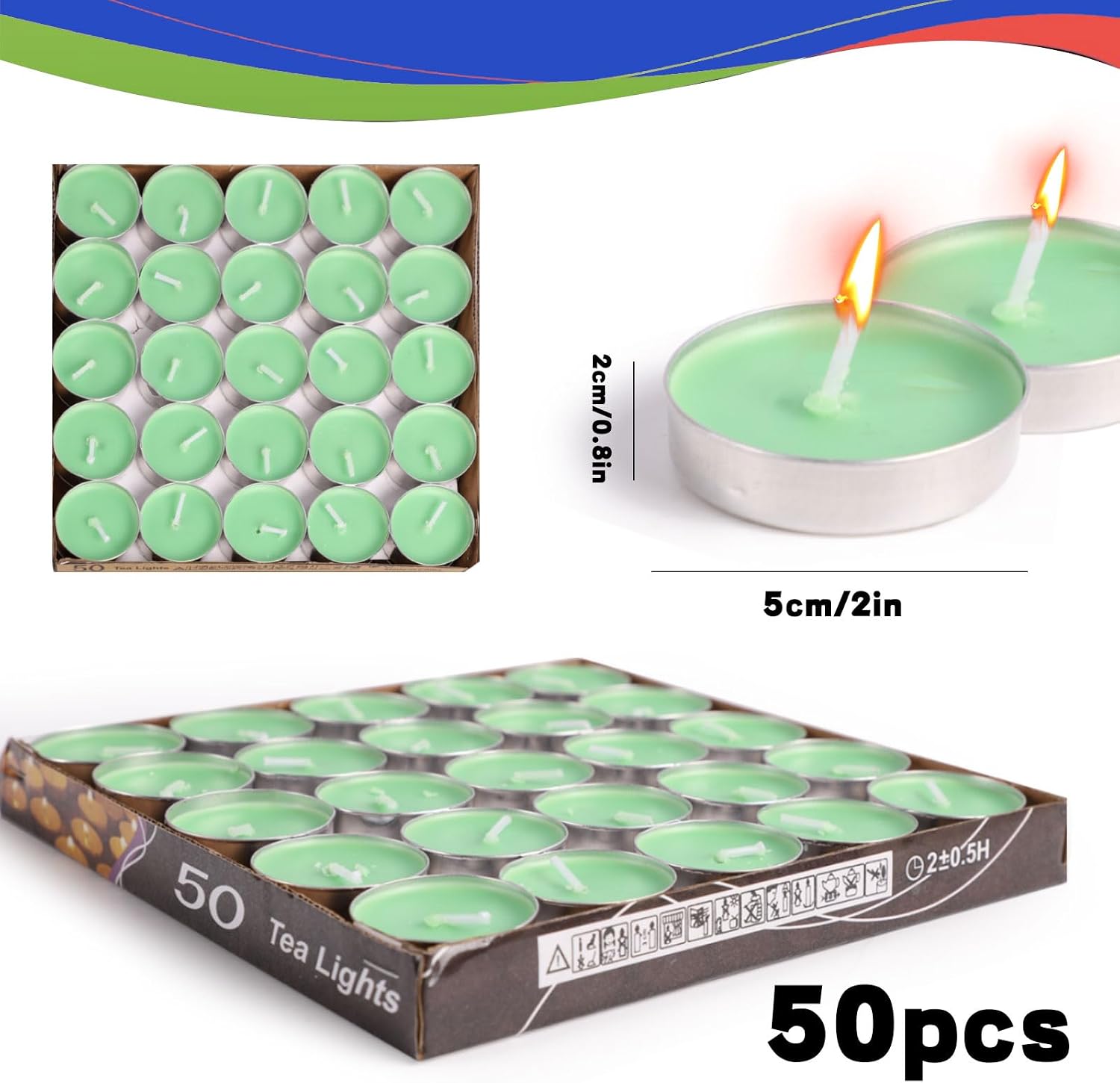 50 Pc Unscented Tea Light Candles,Smokeless with Cotton Wick for Home Green