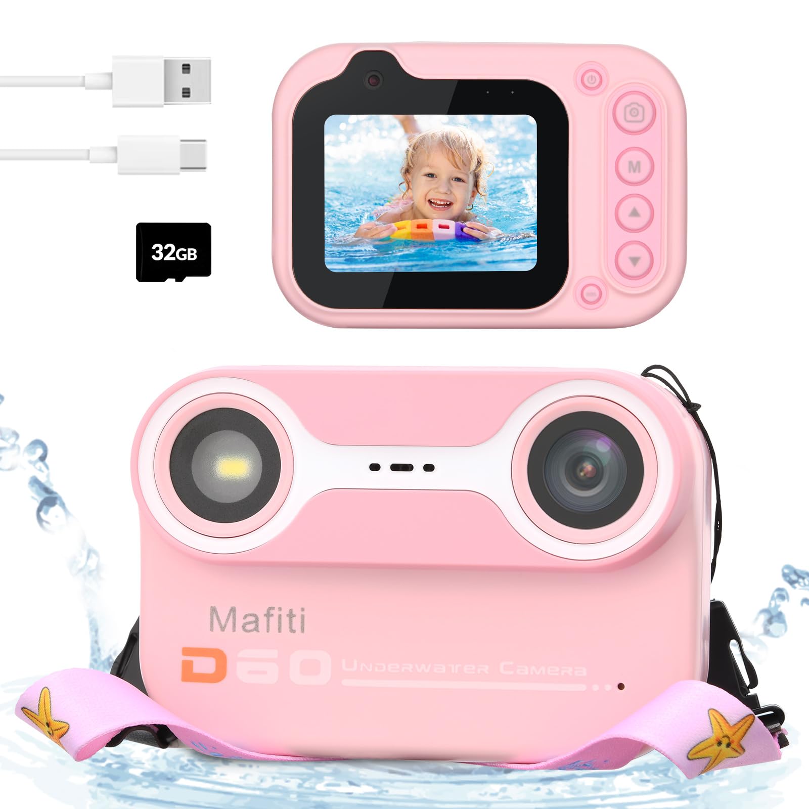 Mafiti Kids Waterproof Digital Camera Underwater Camera for Snorkeling and Diving with 2.4" IPS Display USB Rechargeable Digital Camera for Videos and Photos with 32GB Card (Pink)