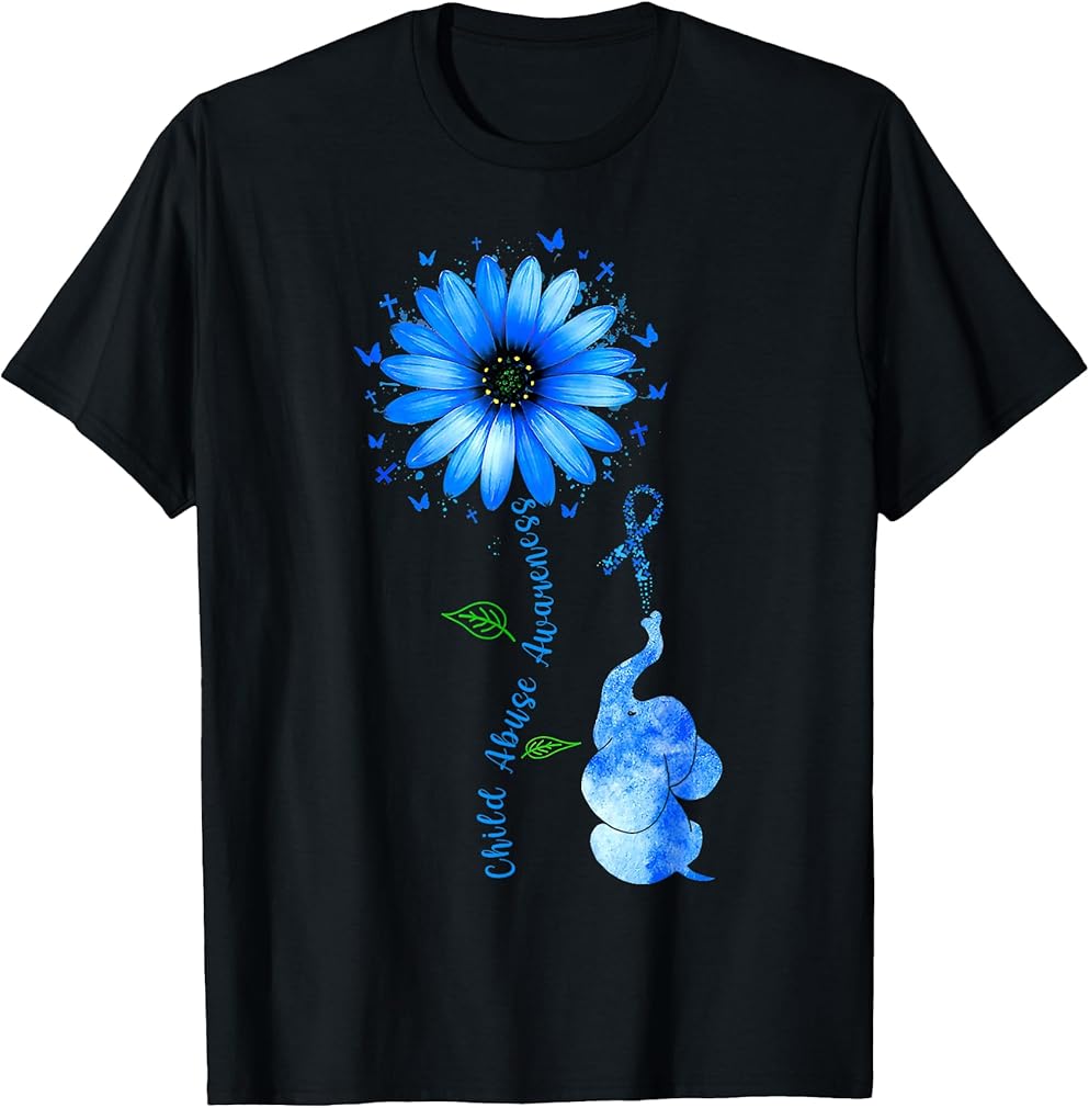 Child Abuse Awareness Sunflower Light Blue Ribbon Elephant T-Shirt