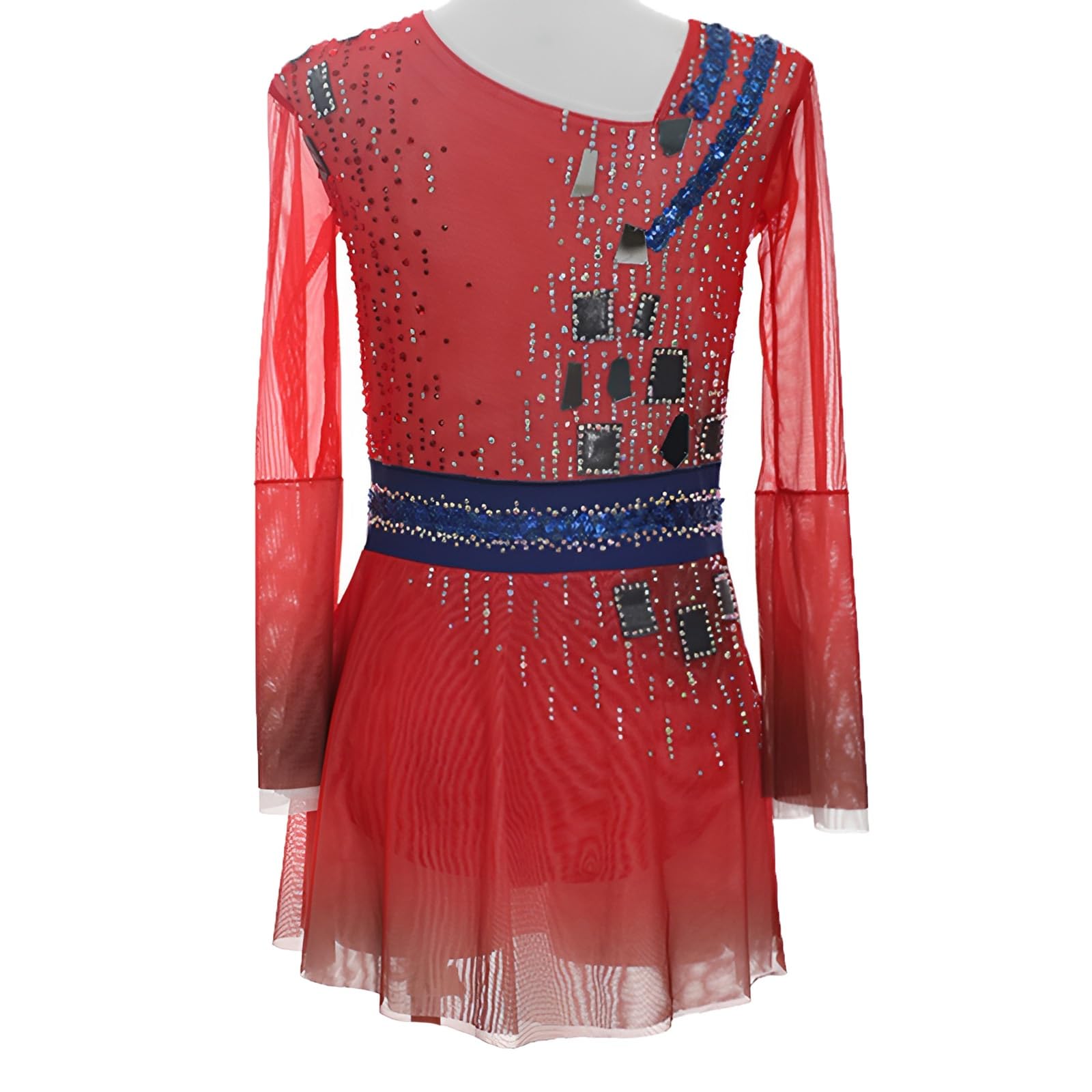 Girl's Handmade Figure Skating Dress with Sequins, Women's Long Sleeves Competition Ice Skating Dress(Medium) Red