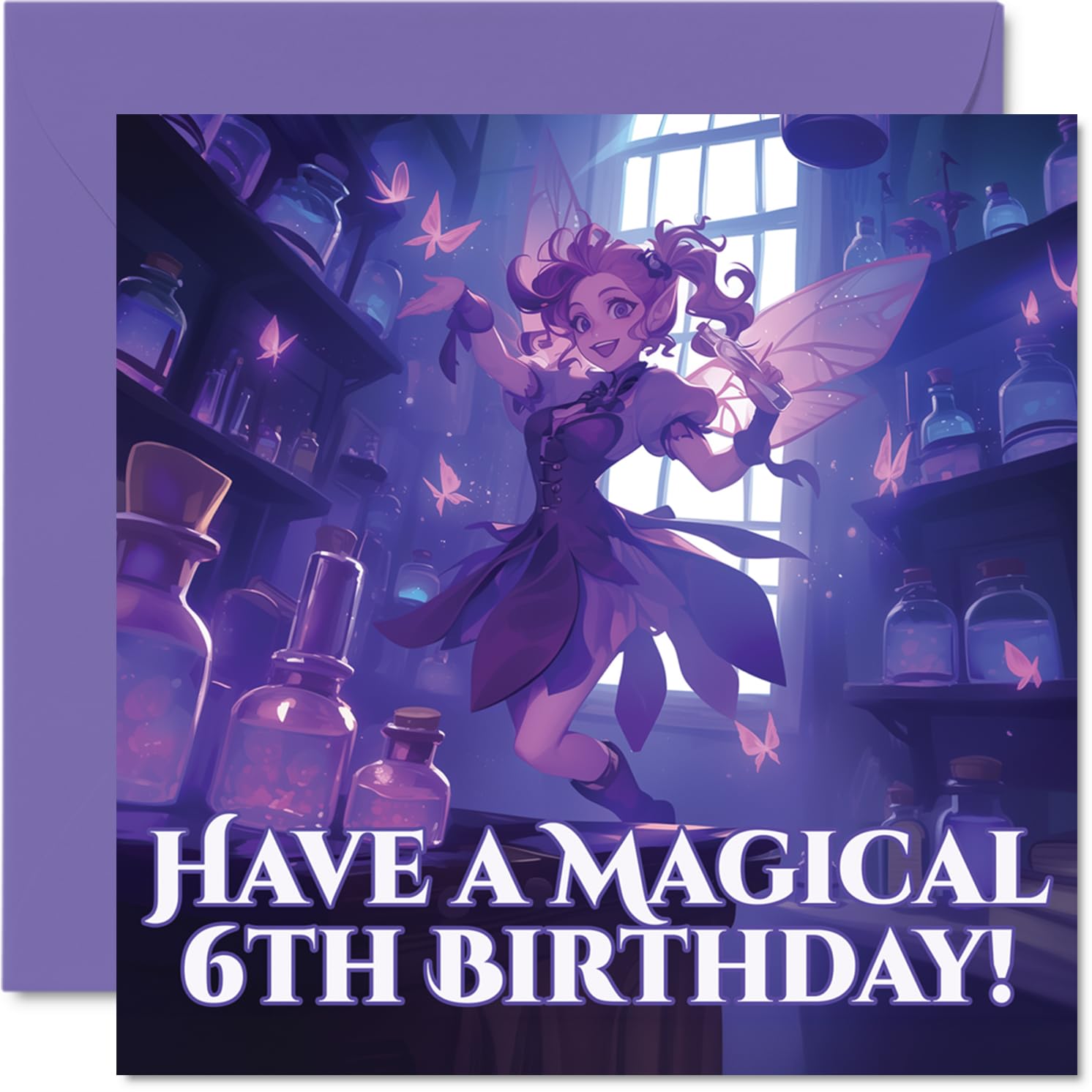 Cute Birthday Card - Sprinkle Some Birthday Magic - Whimsical Fairy in Enchanted Purple and Blue Scene - 145mm Square, Envelope Included