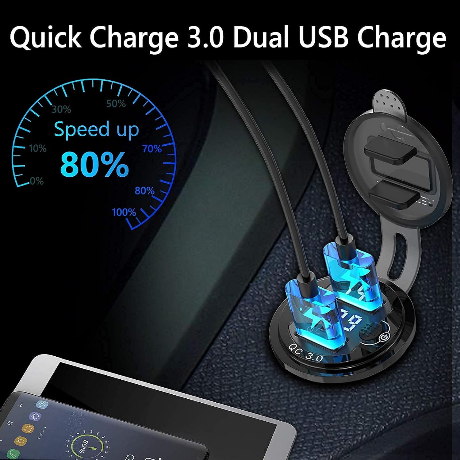 48W USB C Car Charger Socket and Aluminum Metal Quick Charge 3.0 Dual USB Socket