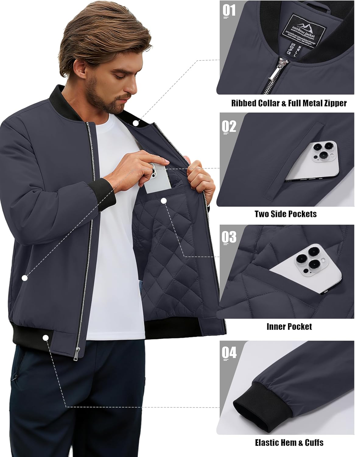 Cotrasen Men's Bomber Jacket Fall Winter Warm Windbreaker Full Zip Windproof Casual Padded Coats - Image 6