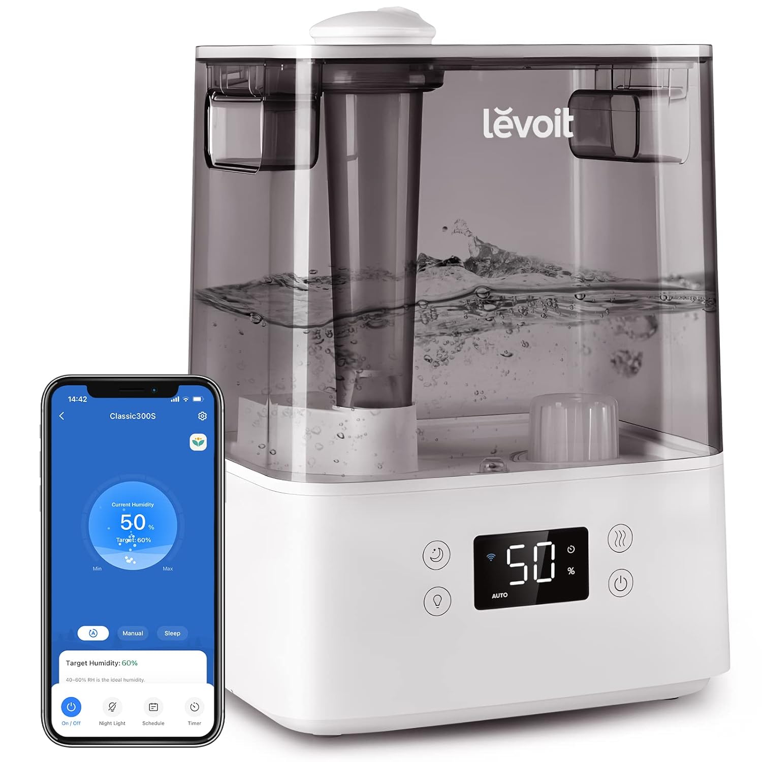 LEVOIT 6L Smart Humidifiers for Bedroom Large Room Home, 60H Super Long Time, Cool Mist Top Fill, Auto Mode-Quiet Sleep Mode for Baby & Plants, App & Voice Control, Night Light