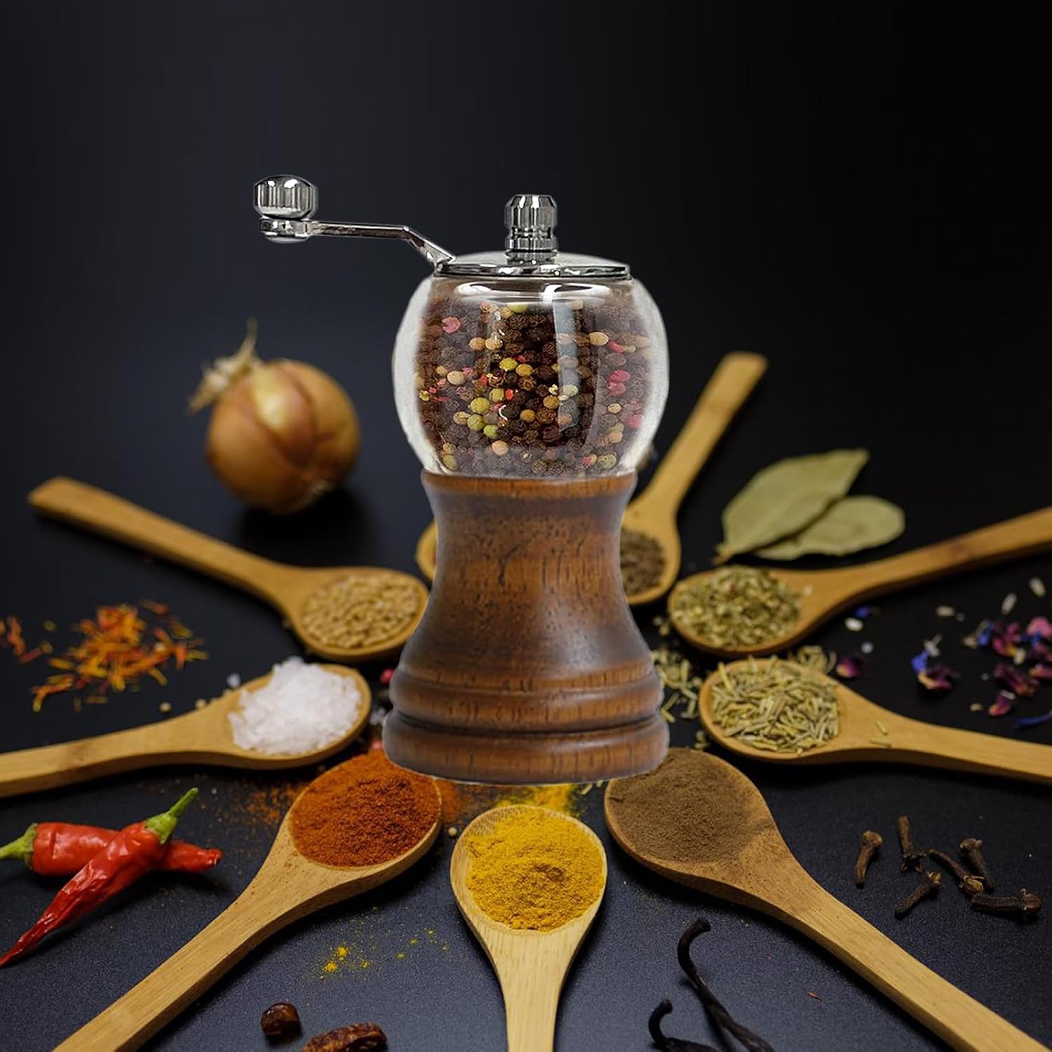 Pepper Mill Set Manual Pepper Mills Classical Hand Shake Wooden Pepper Grinder Set Salt Mills Wooden Pepper Mill Ceramic Blades Metal Handle, Enjoy Fresh Ground Pepper (Walnut color 2pcs-5in)