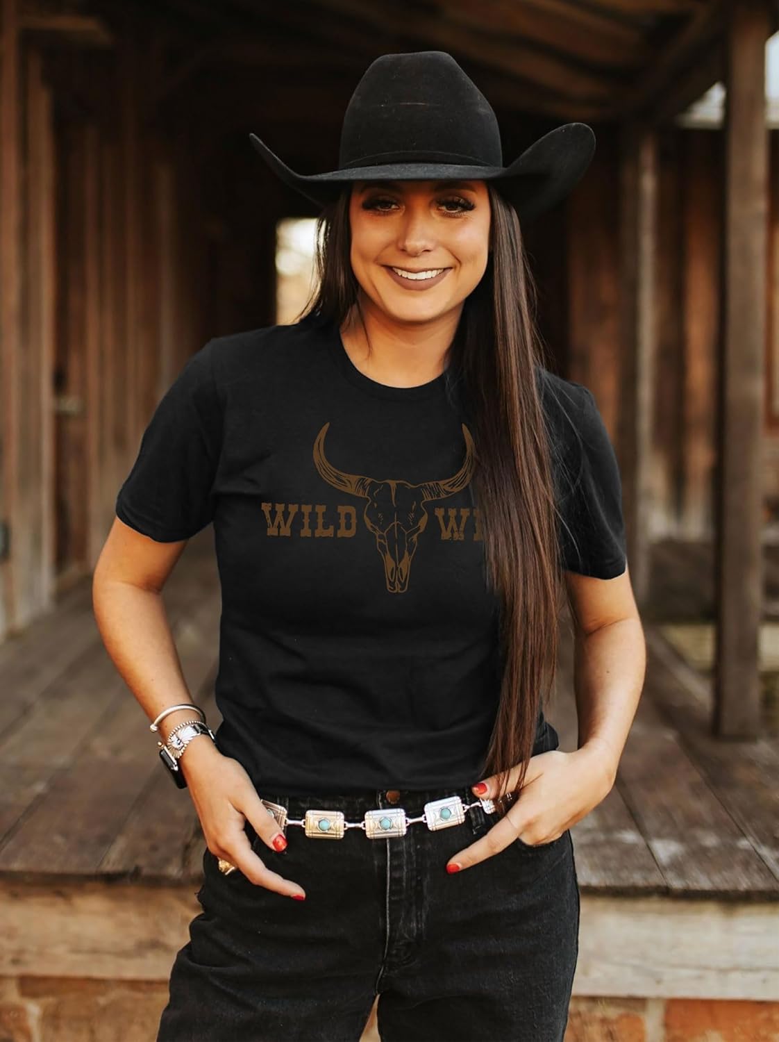 Boho Cow Skull Shirt Women Bull Skull Graphic Cowboy Shirt Wild West Cowgirl Tee Tops - Image 2
