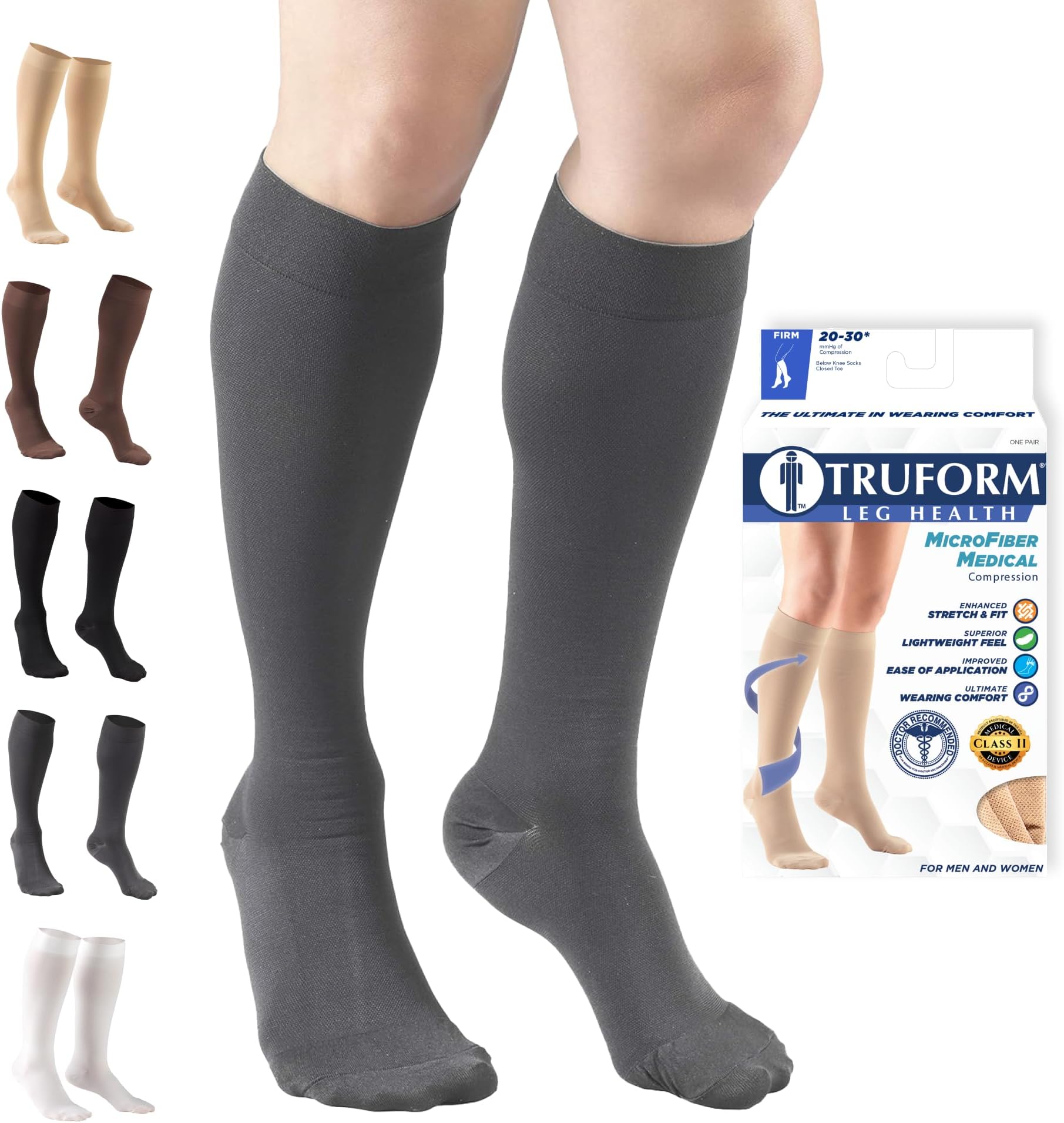 20-30 mmHg Compression Stockings for Men and Women, Knee High Length, Closed Toe, Gray, Medium (8865GR-M)