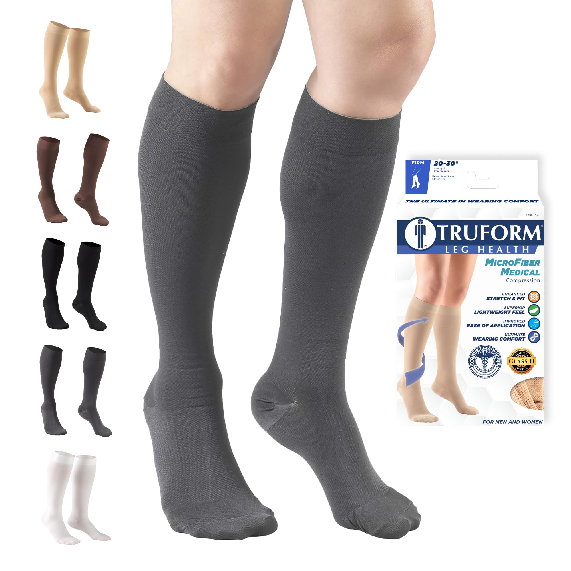 Truform 20-30 mmHg Compression Stockings for Men and Women, Knee High Length, Closed Toe, Gray, Large (8865GR-L)