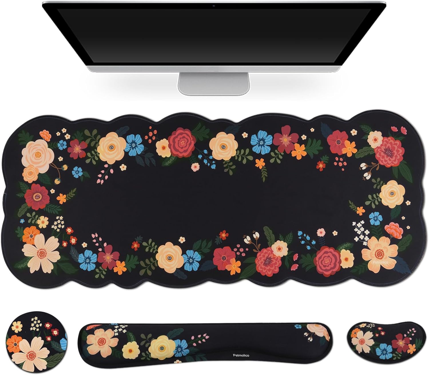 Petmolico Ergonomic Wrist Pad Set 4 in 1 with Computer Keyboard Desk Gaming Pad,Mouse Pad with Wrist Rest,Typing Wrist Support and Cup Coasters,Non-Slip PU Base [Black,Floral Hoop]