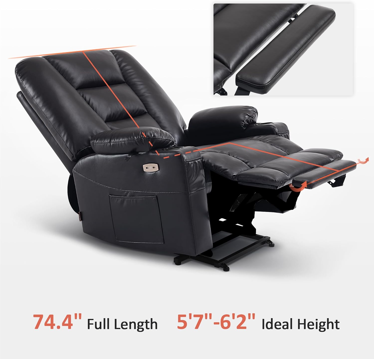 MCombo Oversized Power Lift Recliner Chair with Massage and Heat for Big and Tall Elderly People, Cup Holders, USB Ports, Side Pockets, Faux Leather R7541 (Black, Large-Oversize)