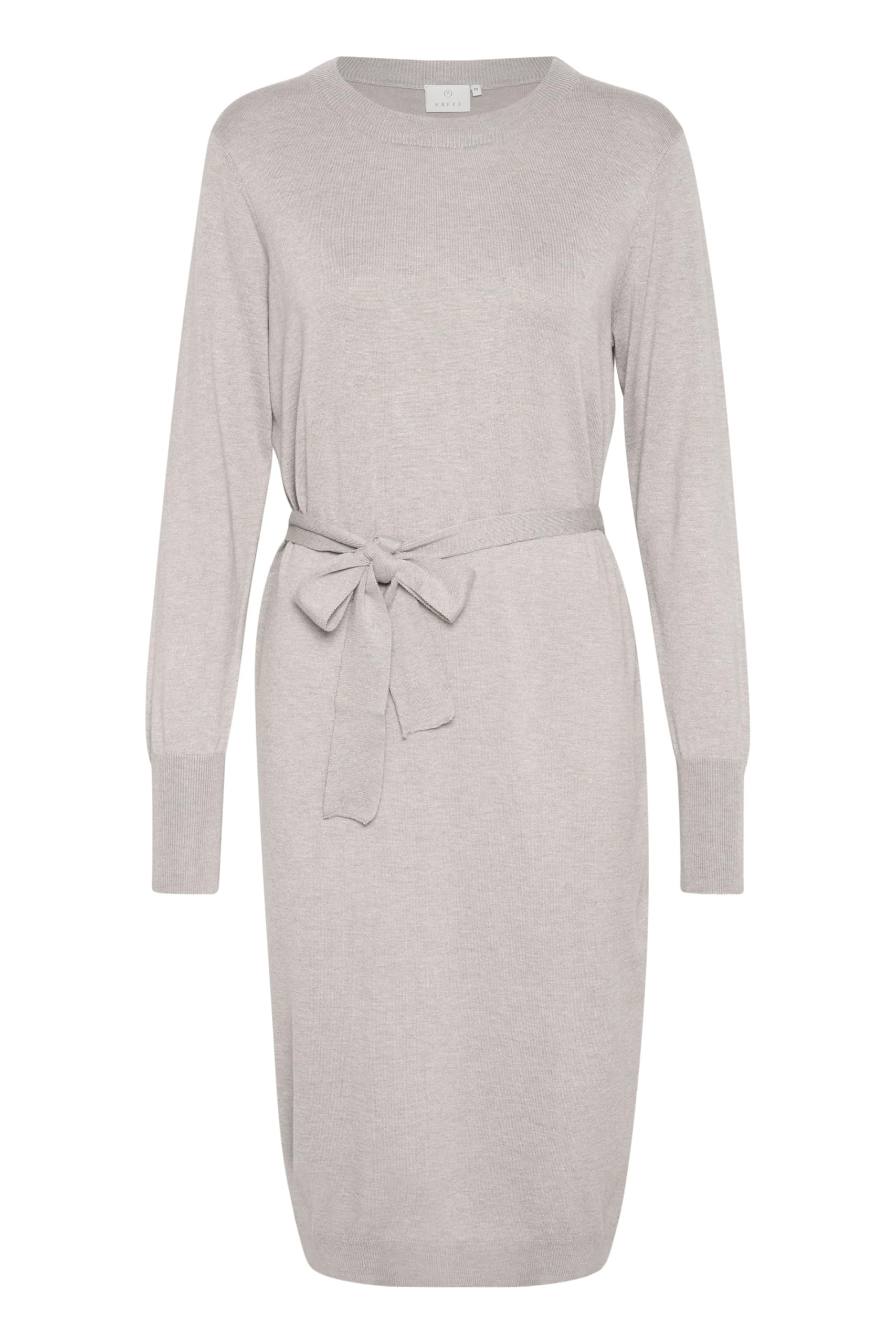 KAFFE Women's Midi Dress Knitted Long Sleeves Round Neck Tying Belt Knee Length Women's, Elephant Skin Melange, M