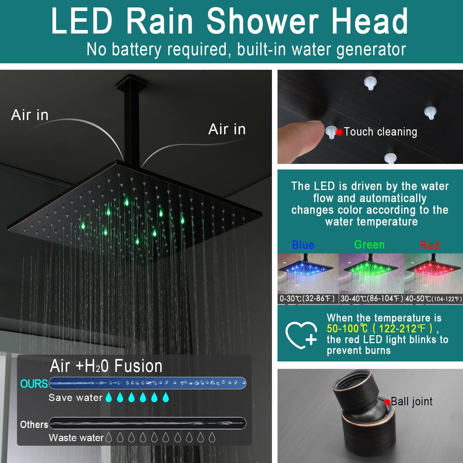 HOMEDEC Oil Rubbed Bronze Brass Shower Faucet Set Complete, 16inch LED Ceiling Shower Head System and Body Jets with Thermostatic Valve Trim Kit, Can Use Together