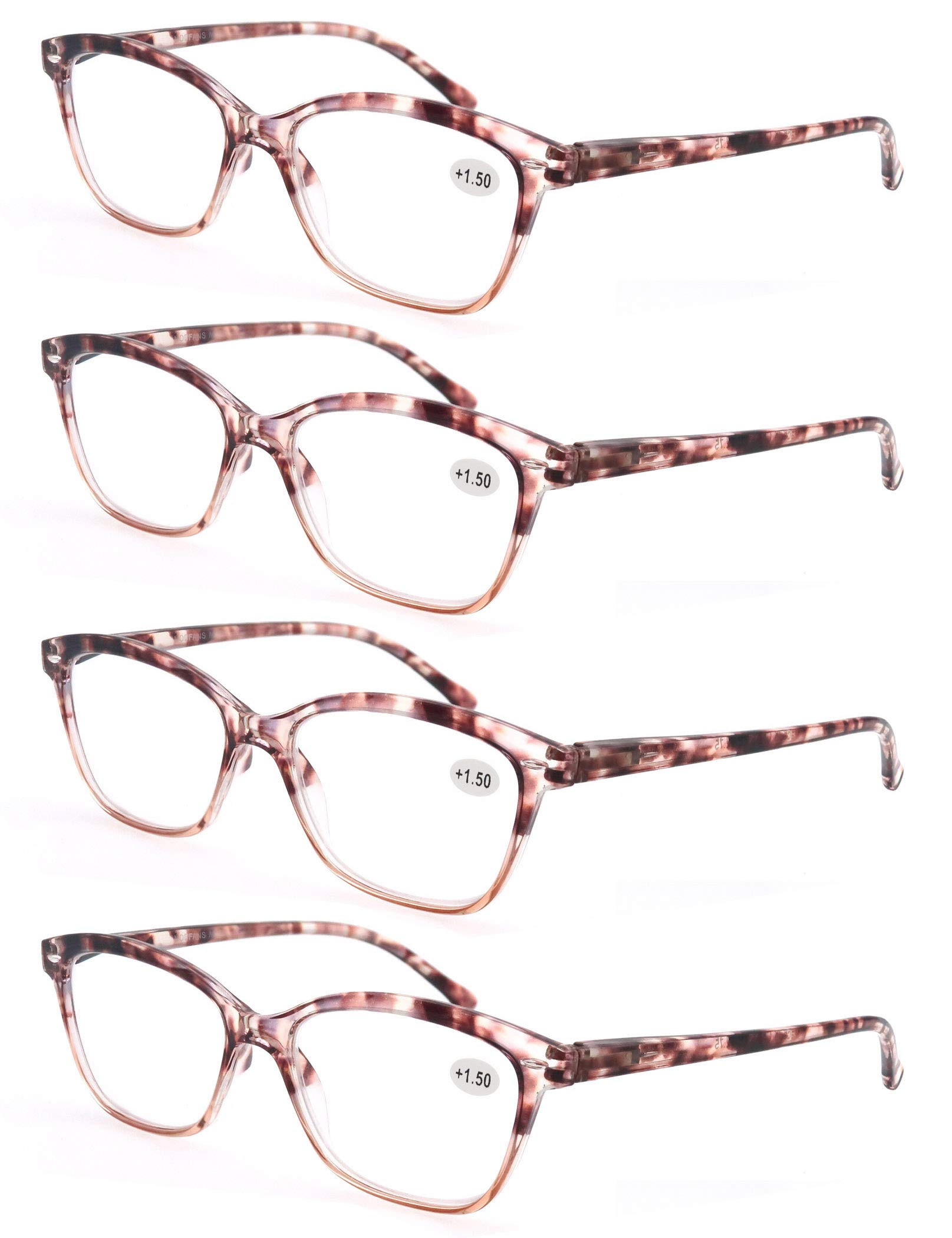 MODFANS Women Reading Glasses 1.75 Brown Demi Cateye Ladies Readers with Comfort Spring Hinge Pattern Design Pouch Included 4 Pack