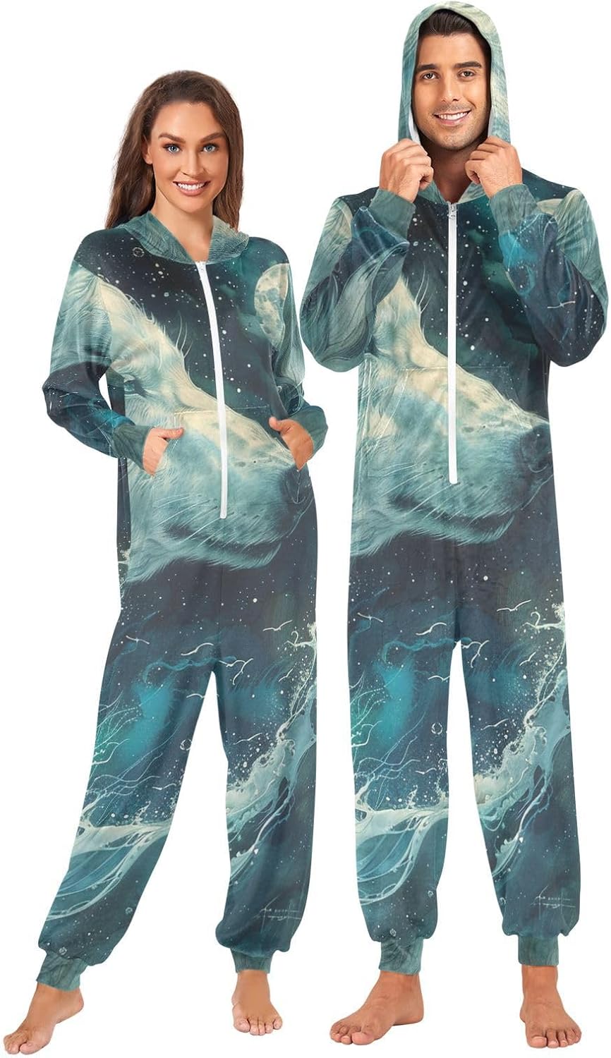 Wolf Head Moon Waves Zipper Hooded Adult Jumpsuit Pajamas with Pockets XS-3XL