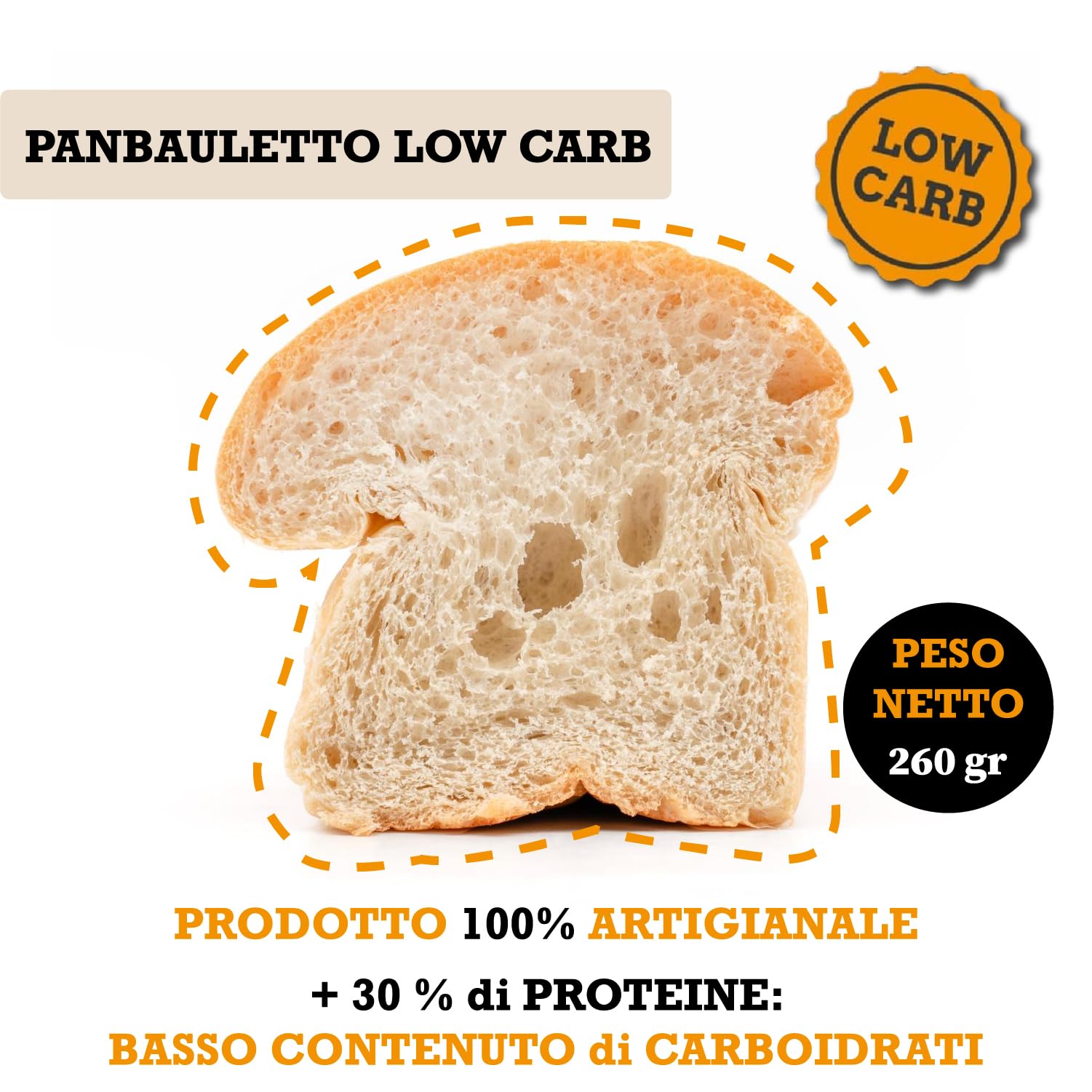 Bolle di pasta® Pan Bauletto Low Carb – Pane Artigianale e Naturale, +30% Proteine, Solo 2,4g Carboidrati – Adatto a Diete Keto, Iperproteiche, Diabetiche – Confezione da 260g (1 o 3 Pezzi) (1 Unità)