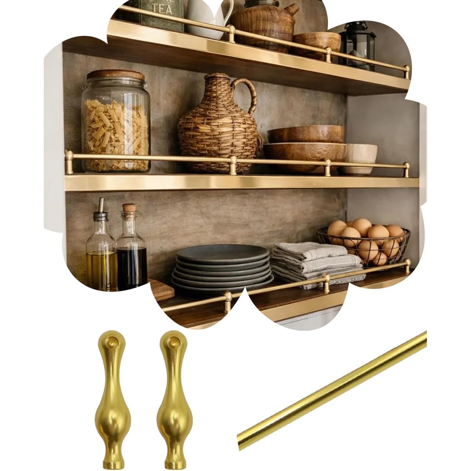 Regalschutzleiste, dekoratives Metall-Regalschutzleisten-Set, 14-42 Zoll verstellbare Kippschiene für Holz-/Galerieregale, Gold 4er-Pack (22 Zoll/56 cm) - Ideale Schranksicherung für Glaswar