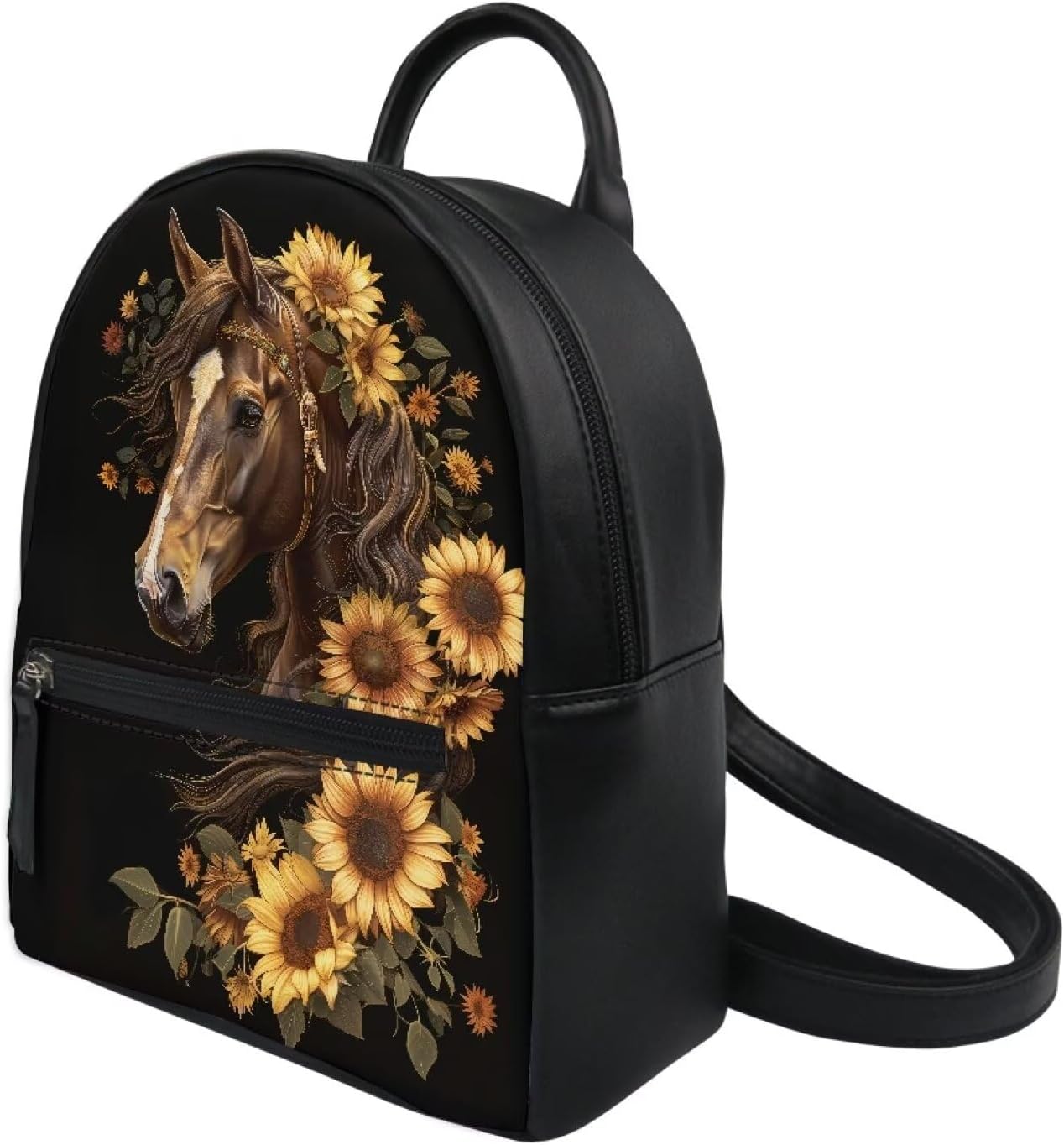 Showudesigns Sunflower Horse Backpack Purse for Women Mini Backpacks Water-resistant Small Shoulder Bag Lightweight School Travel Mini Tote Bags Casual Daypack Rucksack Black