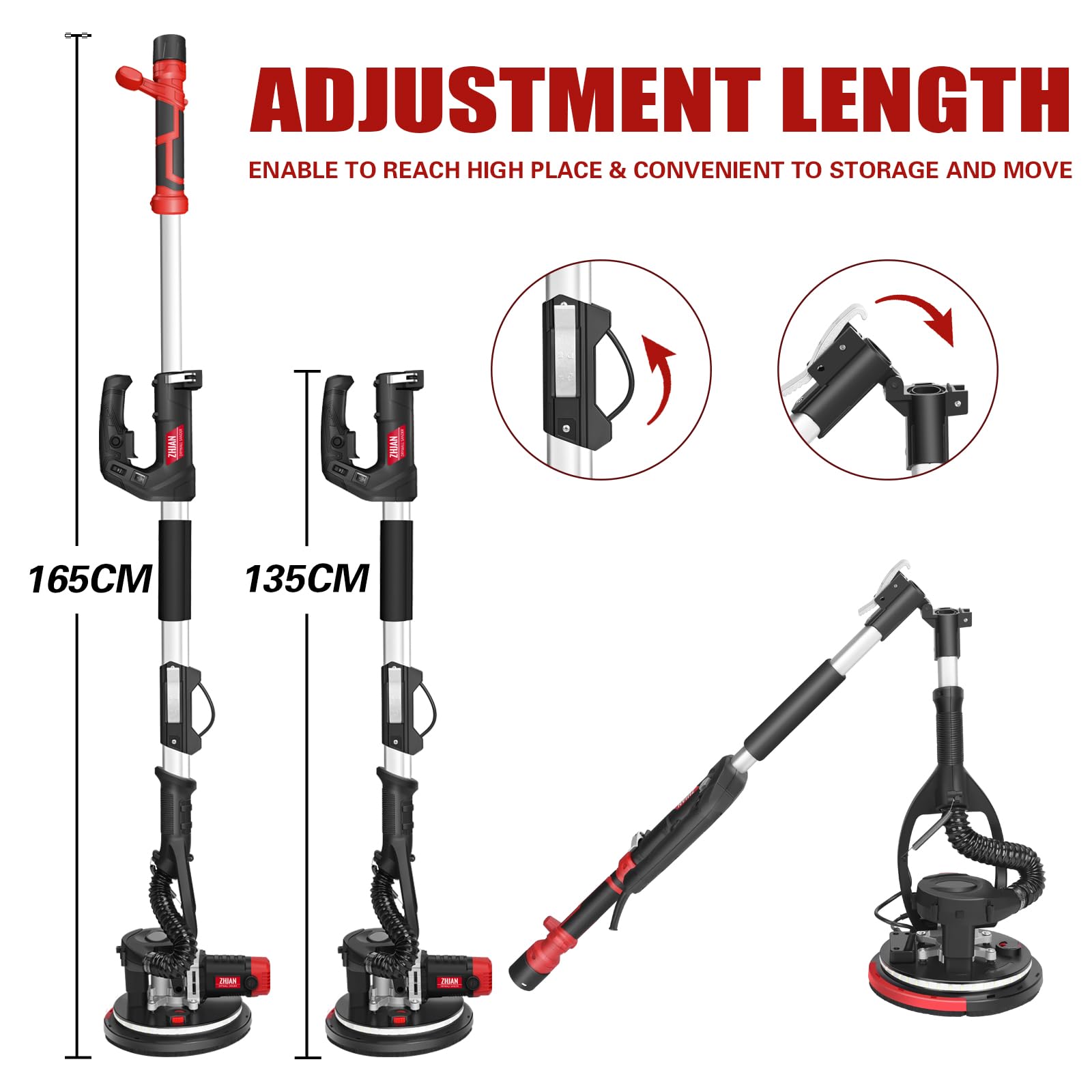 Trockenbauschleifer 880W, 5 Geschwindigkeiten Schleifgiraffe 1000-2100 U/min, Wandschleifer faltbar,Ausziehbarer Griff, LED, Staubschlauch & Tasche mit 12 Schleifscheiben