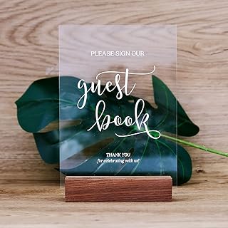 Please Sign Our Guest Book Sign with Wood Stand- 5” x 7" Glass Look Clear Acrylic Wedding Calligraphy Guest Book Table Signs with Holder for Wedding Reception & Event Party