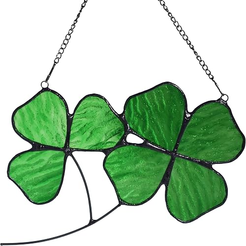 Lolitarcrafts Shamrock and Four Leaf Clover Stained Glass Window Hanging, Green 