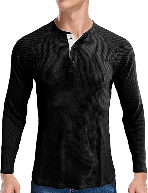 Men's Henley Shirt Long Sleeve Waffle Thermal Underwear Henley Top Casual Slim Fit Lightweight 3 Button T Shirts