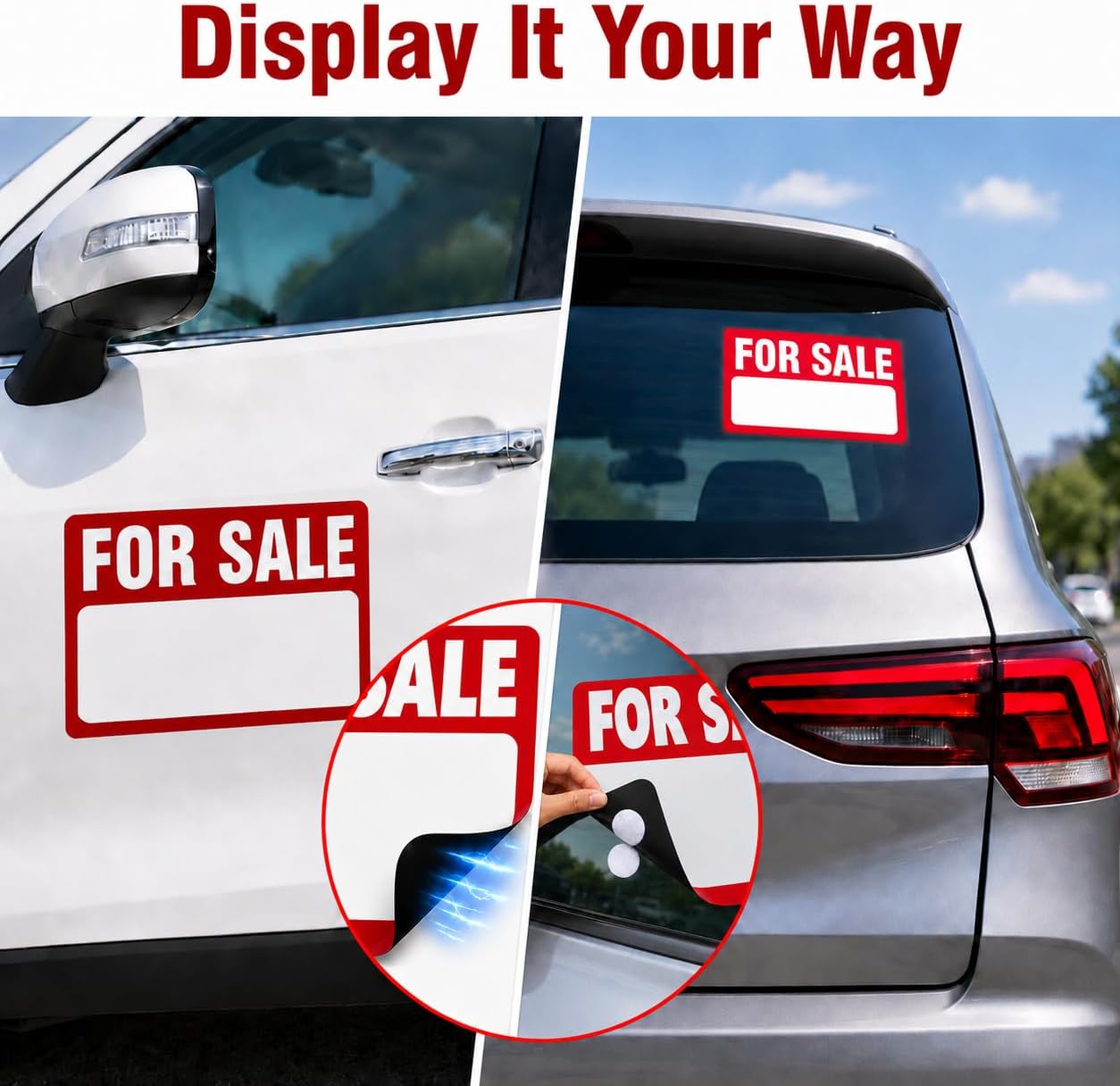 Magnetic For Sale Sign for Car, 2 Pack with 8 Hook and Loop Dots, High Visibility Weatherproof Reusable, 12.2" x 9.06" for Cars Trucks RVs Boats