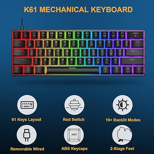 Miniatura 3 de BlueFinger Combo de teclado y mouse mecánicos para juegos 60% Teclado RGB con retroiluminación arcoíris de 61 teclas de interruptor rojo y 4 DPI